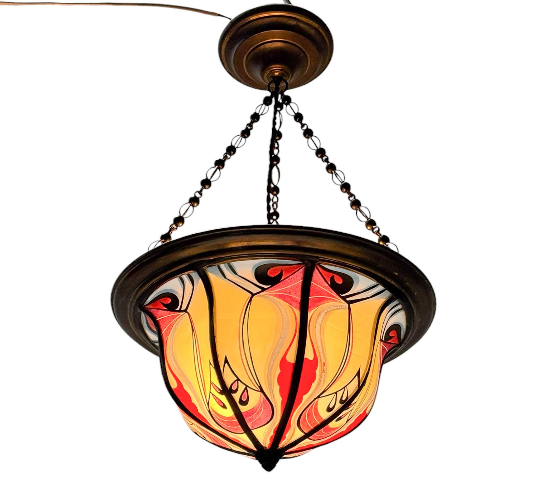 Dutch Art Deco Amsterdamse School Stained Glass Pendant by De Nieuwe Honsel, 1920s