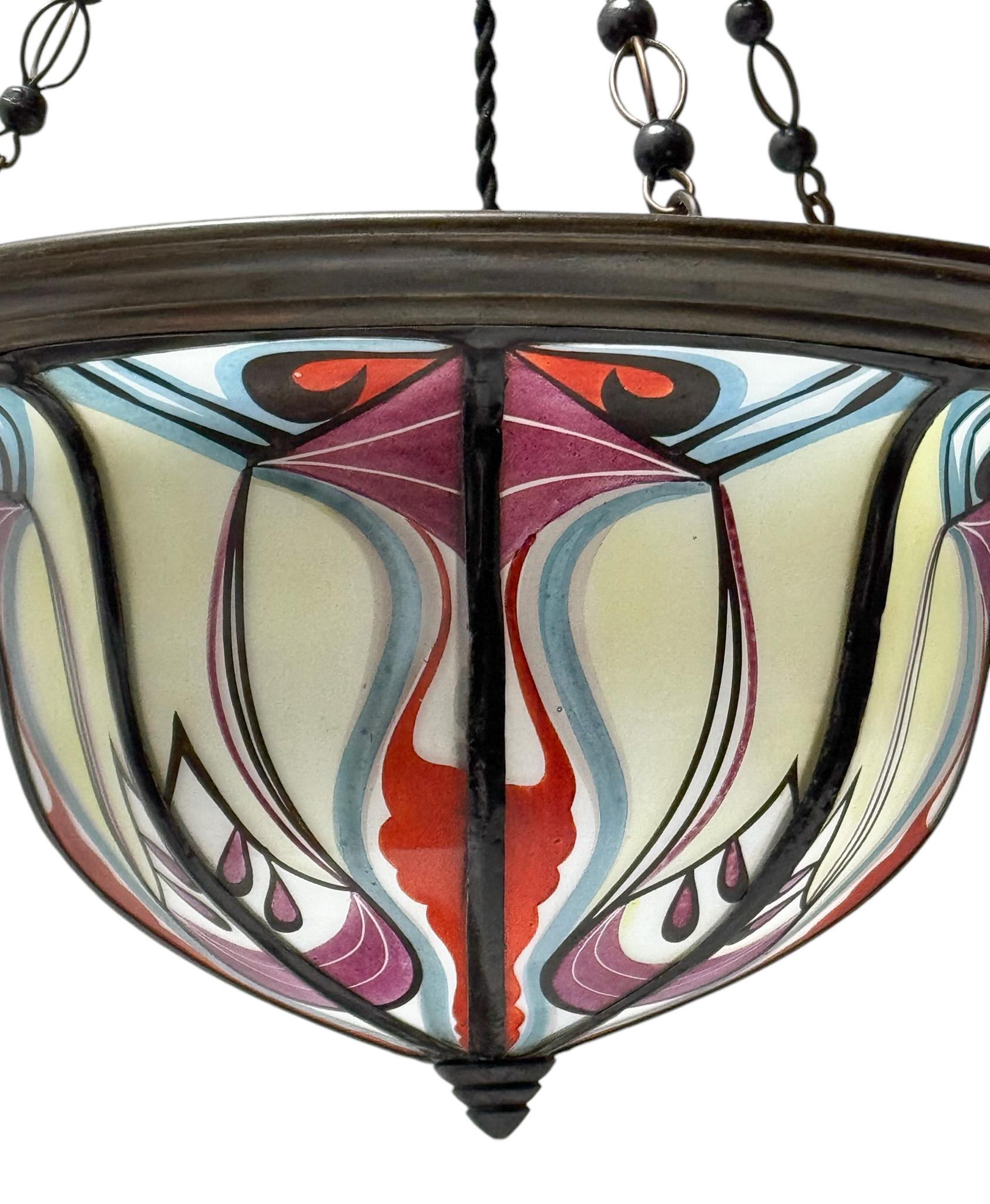 Brass Art Deco Amsterdamse School Stained Glass Pendant by De Nieuwe Honsel, 1920s