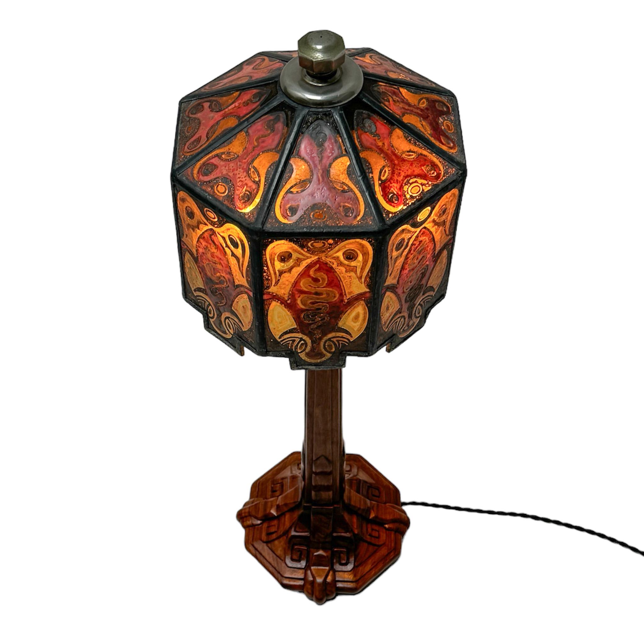 Stained Glass Art Deco Amsterdamse School Table Lamp by Napoleon le Grand, 1920s