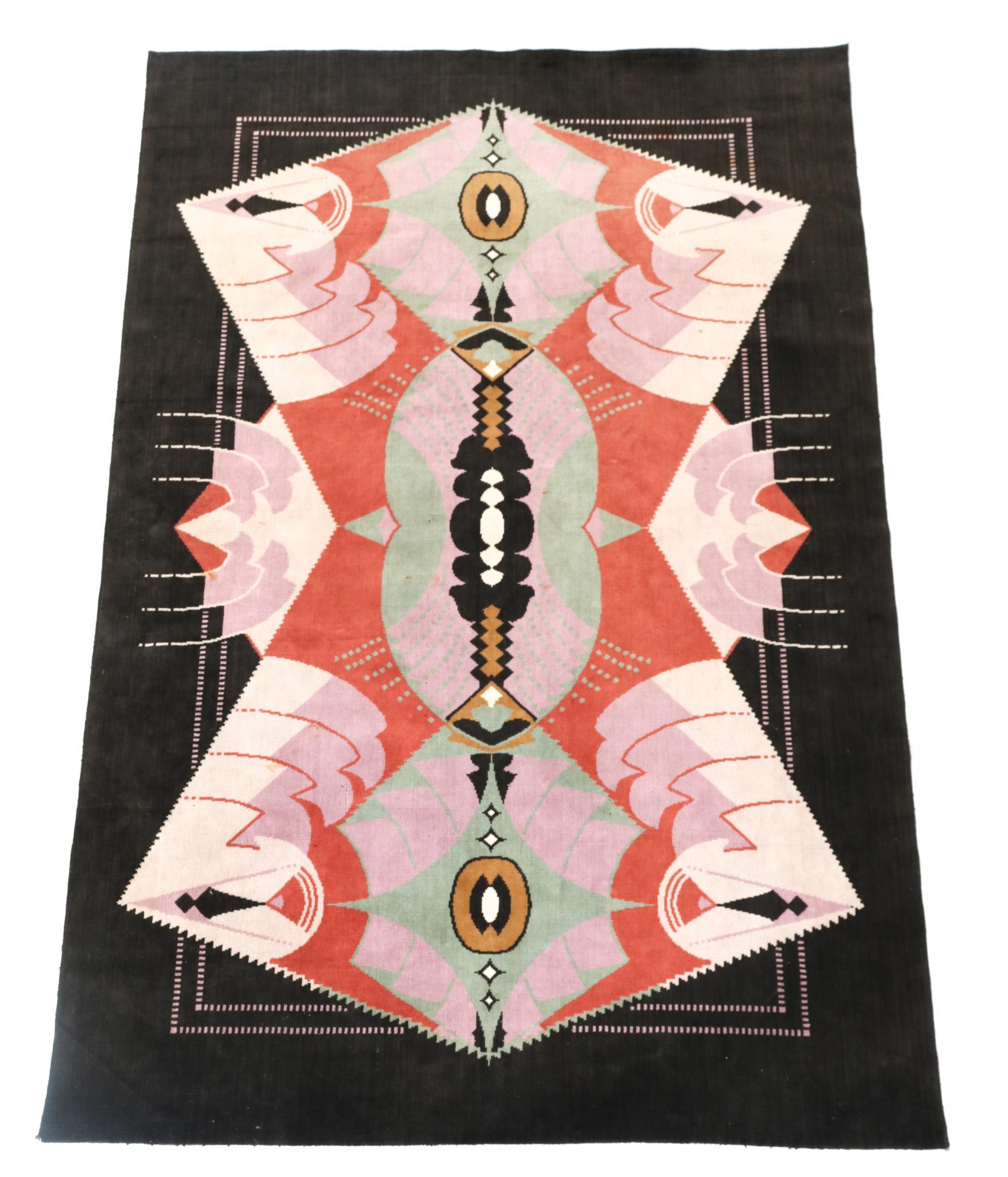 Stunning and rare Art Deco Amsterdamse School wall-hanging model: Nicar.
Design by Jaap Gidding.
Striking Dutch design from the 1920s.
Rectangular shape, central curvilinear and geometrical decoration, polychrome on a black velvet ground.
This