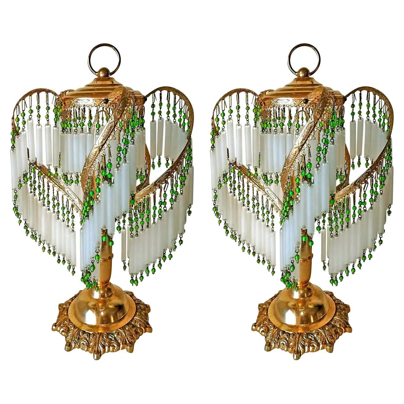 Art Deco and Art Nouveau Crystal Glass Fringe Hollywood Regency Gilt Table Lamps