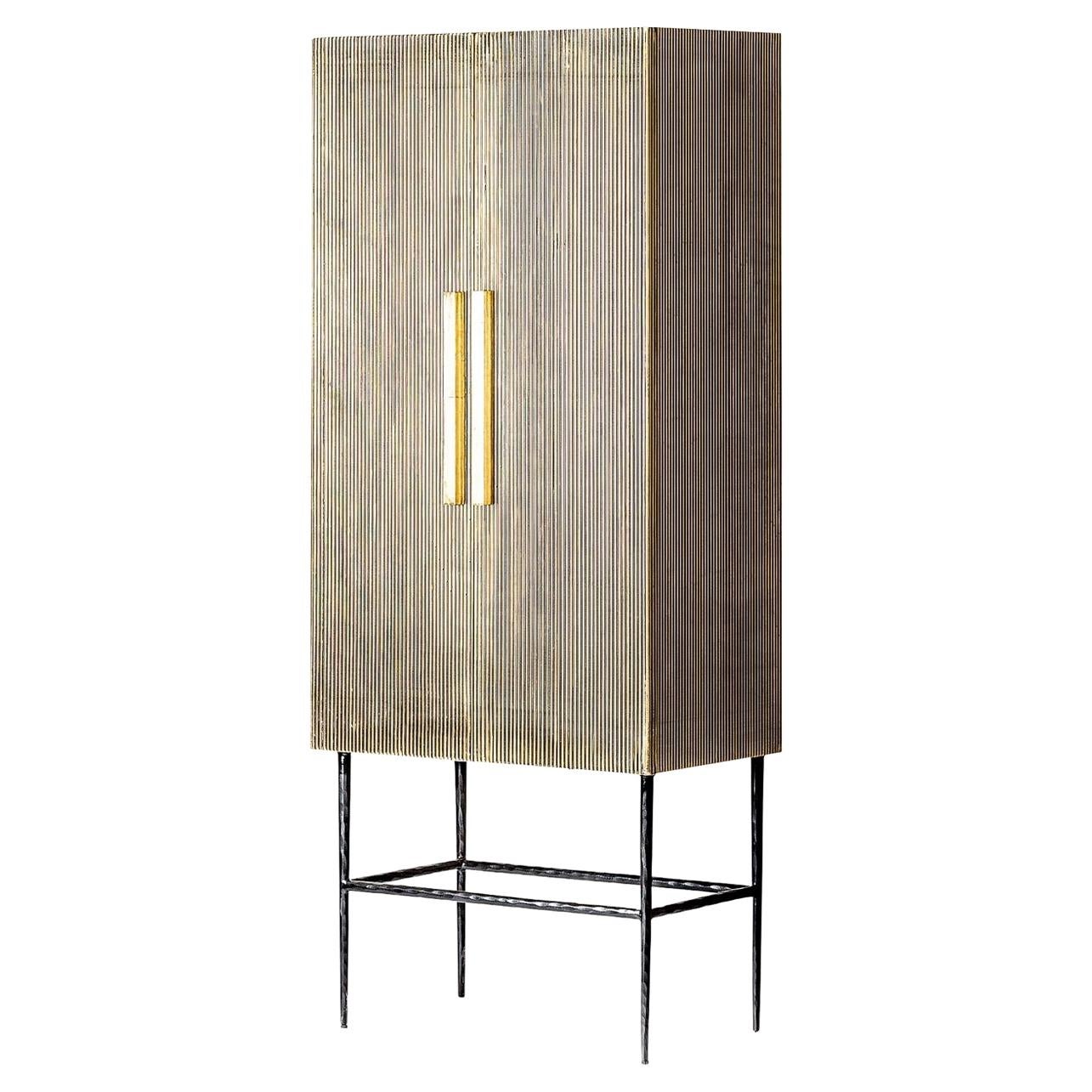 Art Deco and Brutalist Design Style Wooden and Gilded Metal Armoire