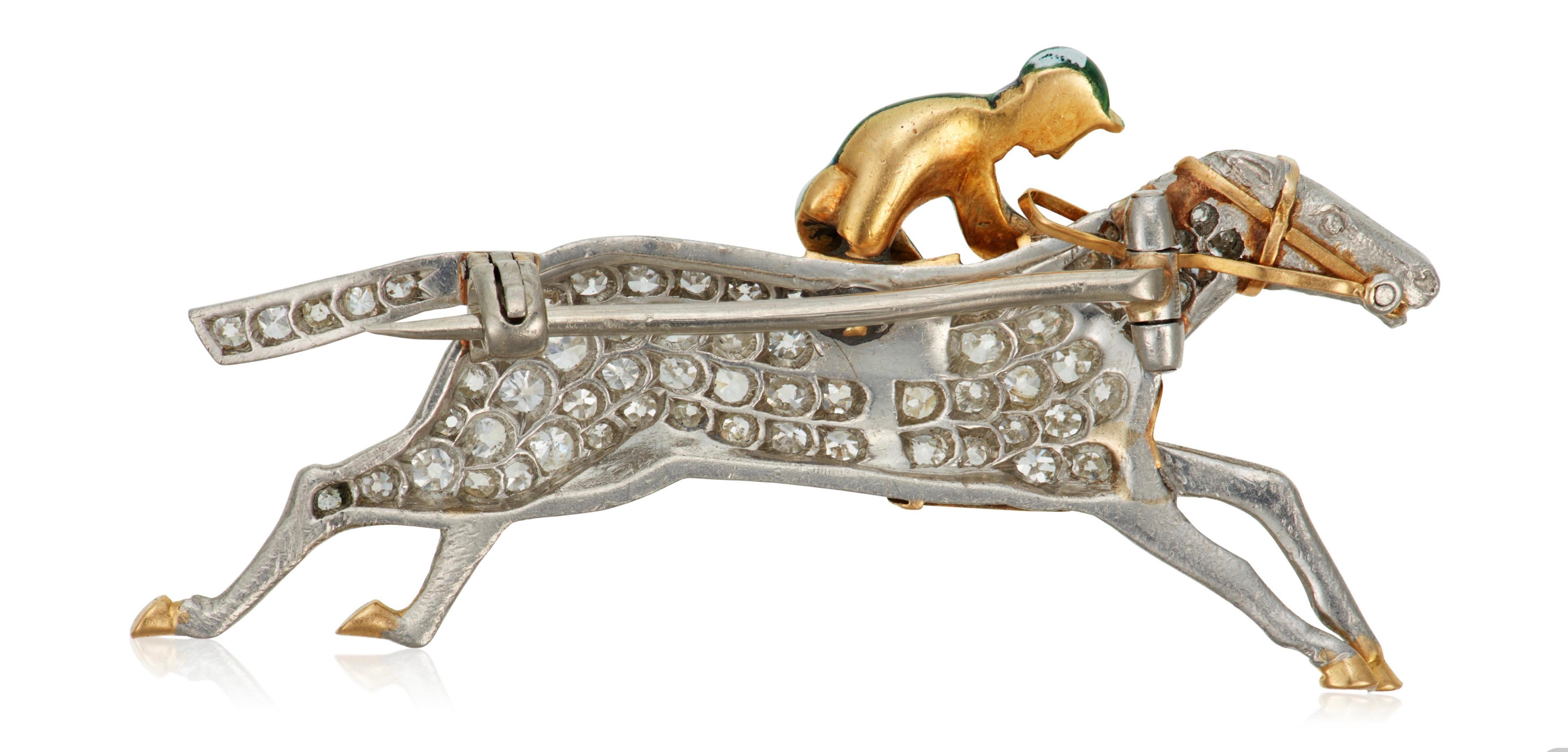 Art Deco and Enamel Jockey brooch 
Designed as a jockey racing a horse, old, single and rose-cut diamonds, variously-colored enamel, platinum and yellow gold, circa 1925
Size/Dimensions: 5.0 cm (2 in)
Gross Weight: 6.9 dwts
