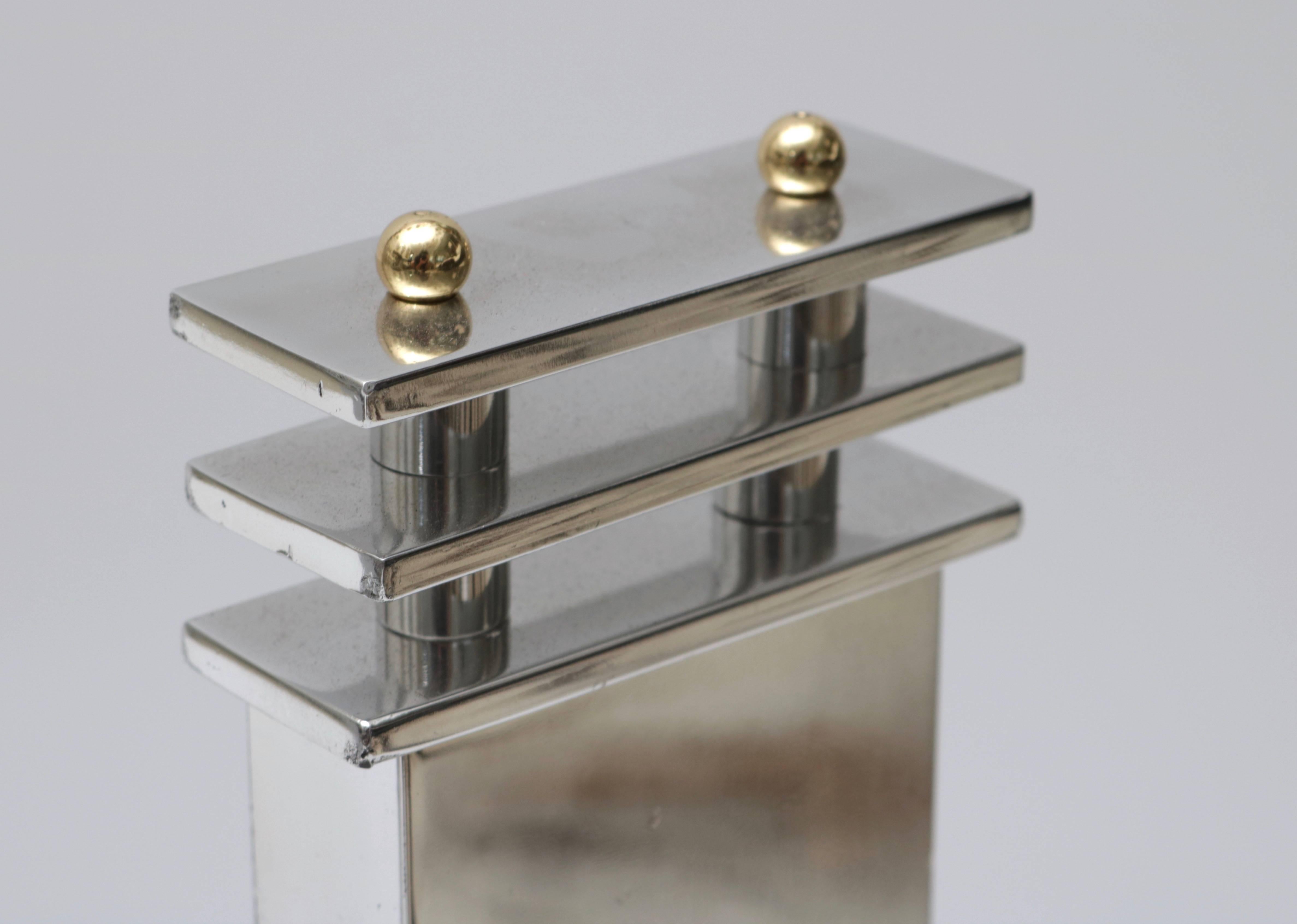 Hand-Crafted Art Deco Andirons in Aluminum and Brass For Sale