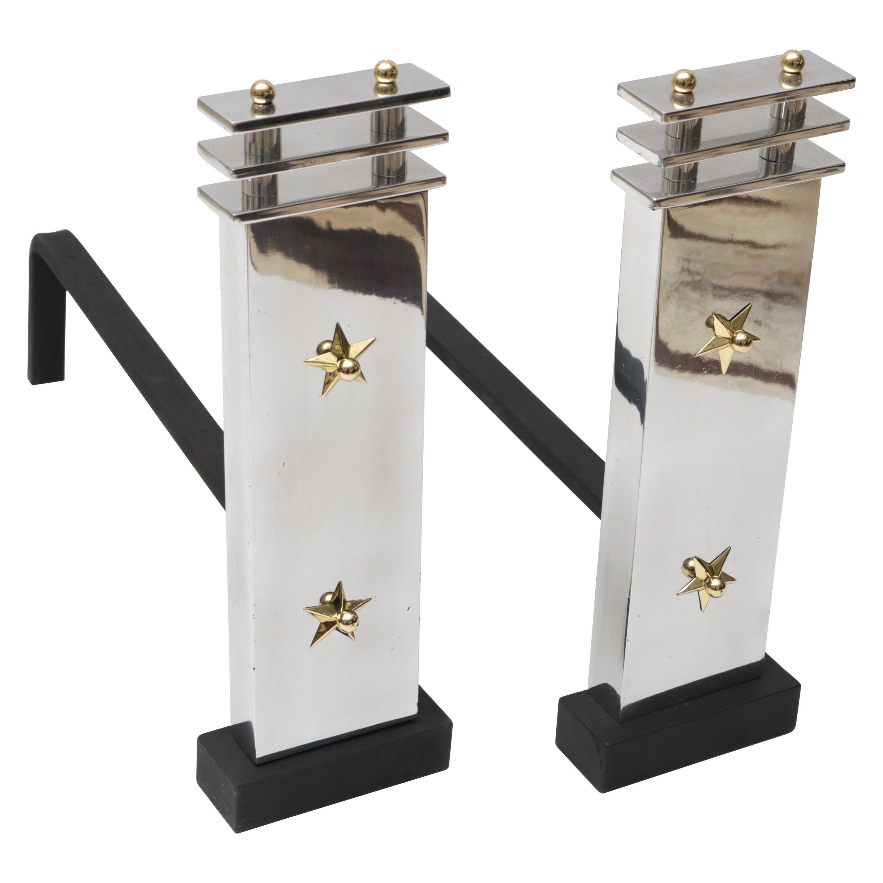 Art Deco Andirons in Aluminum and Brass For Sale
