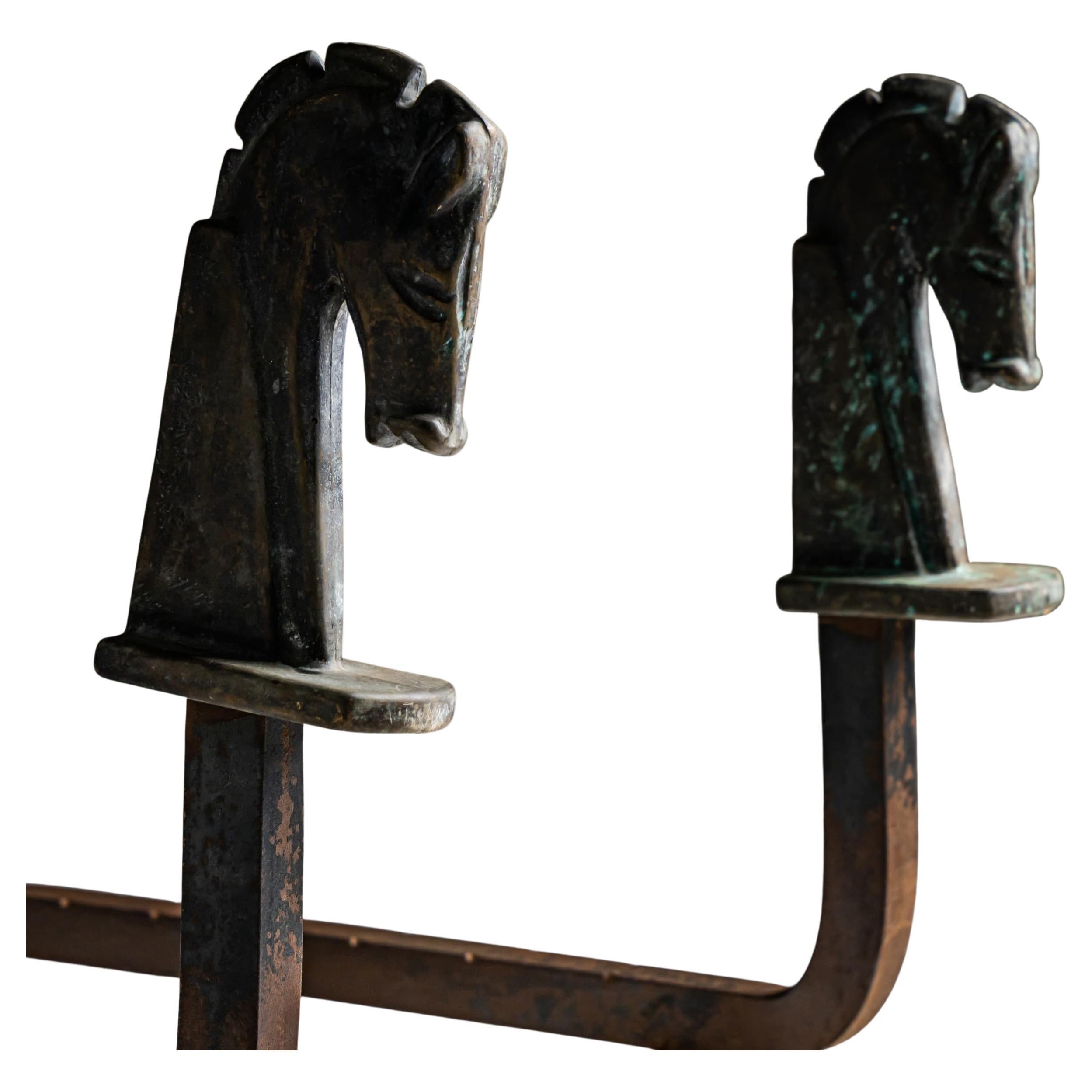 Art Deco Andirons with Horse Heads, 1940s For Sale