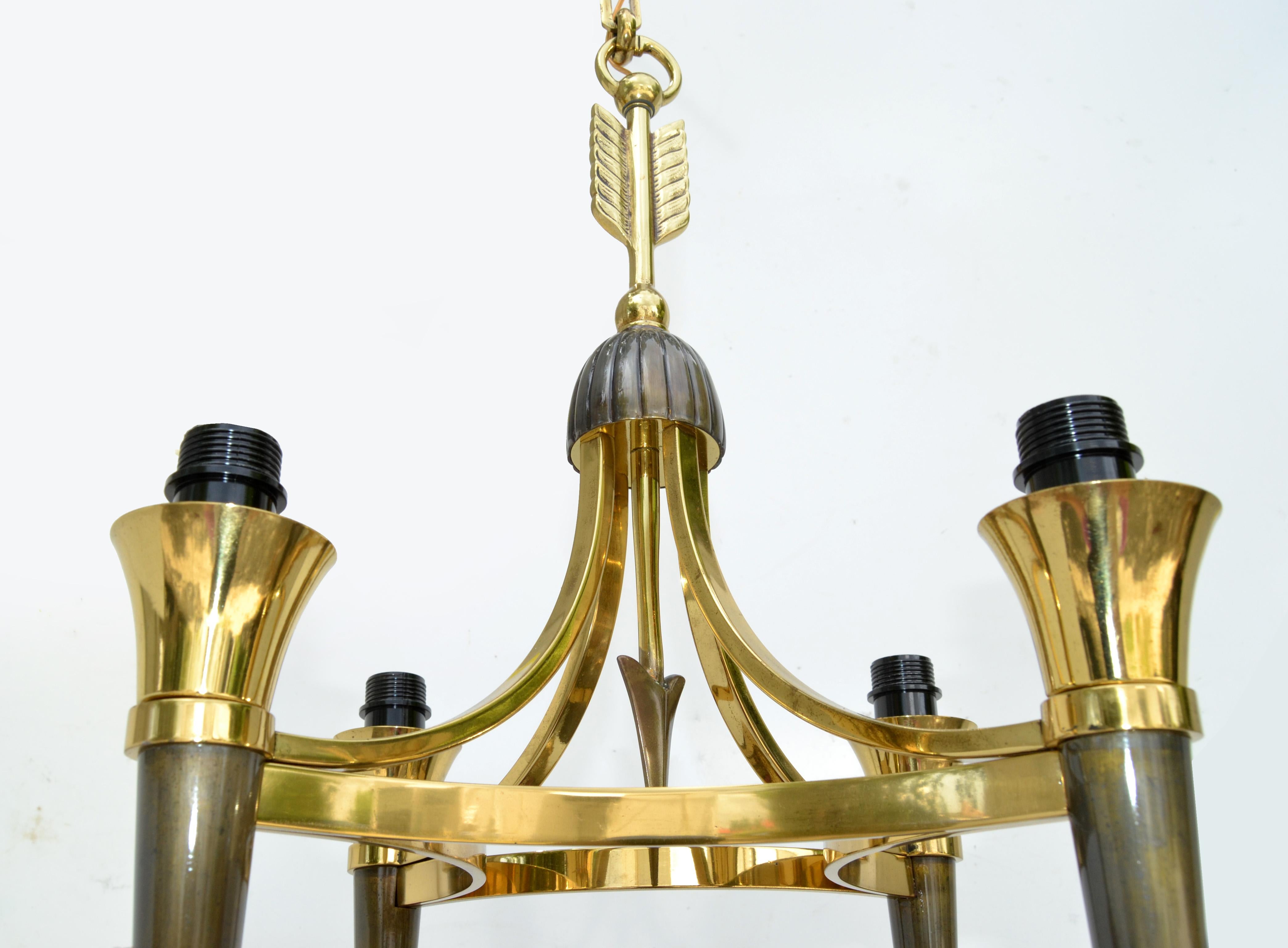 Art Deco Andre Arbus Style Brass Bronze 4 Light Chandelier, 2 Available  For Sale 2