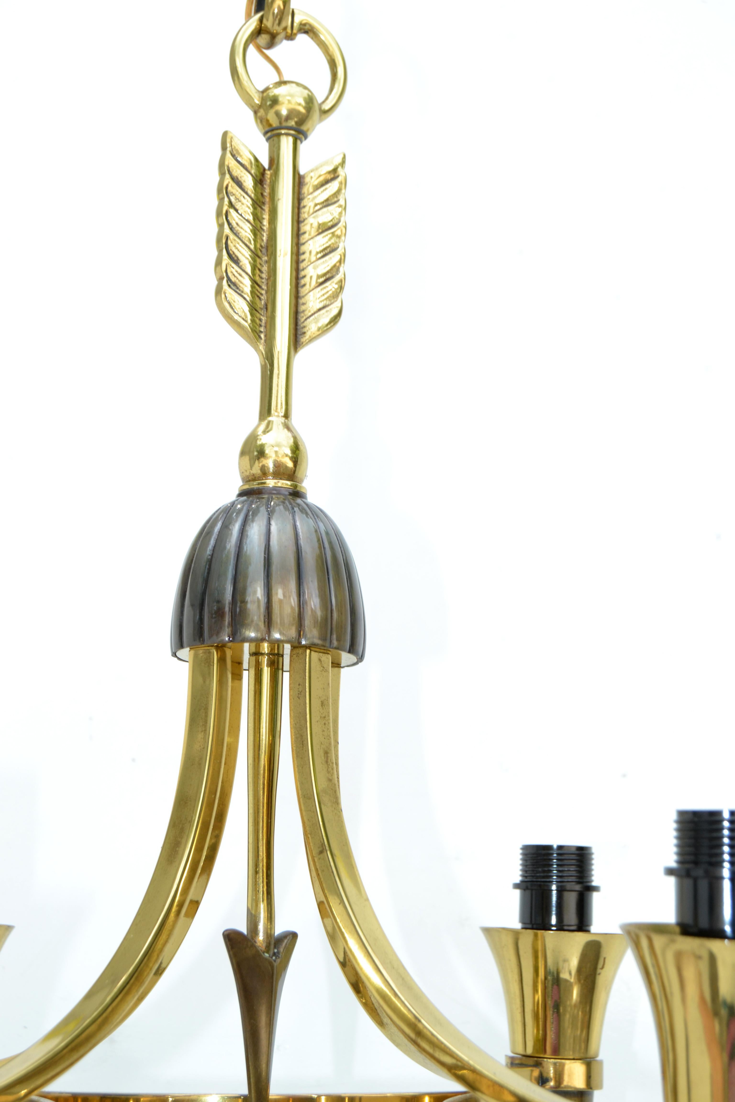 Art Deco Andre Arbus Style Brass Bronze 4 Light Chandelier, 2 Available  For Sale 3