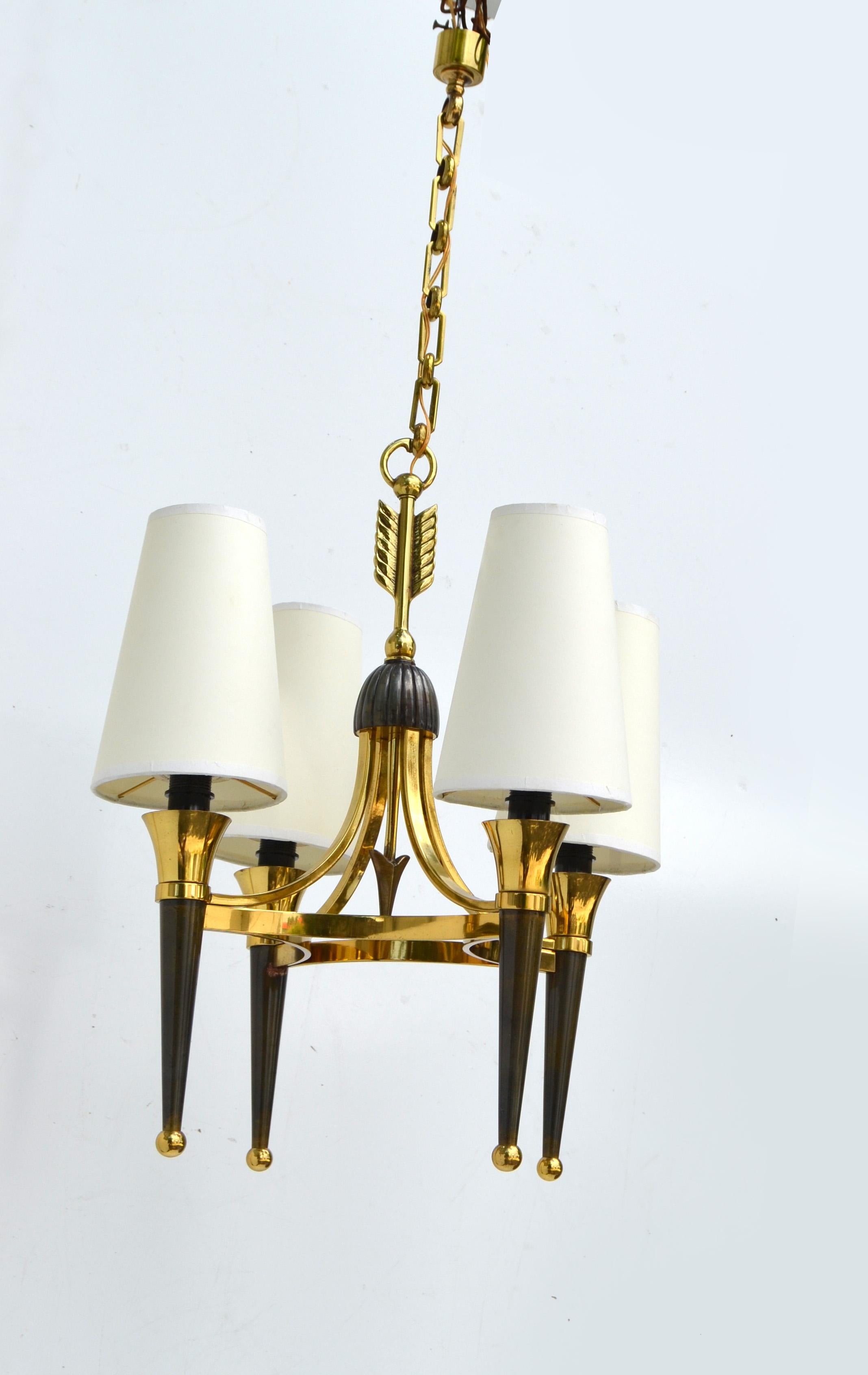 Art Deco Andre Arbus Style Brass Bronze 4 Light Chandelier, 2 Available  For Sale 7