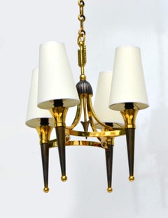 Art Deco Andre Arbus Style Brass Bronze 4 Light Chandelier, 2 Available