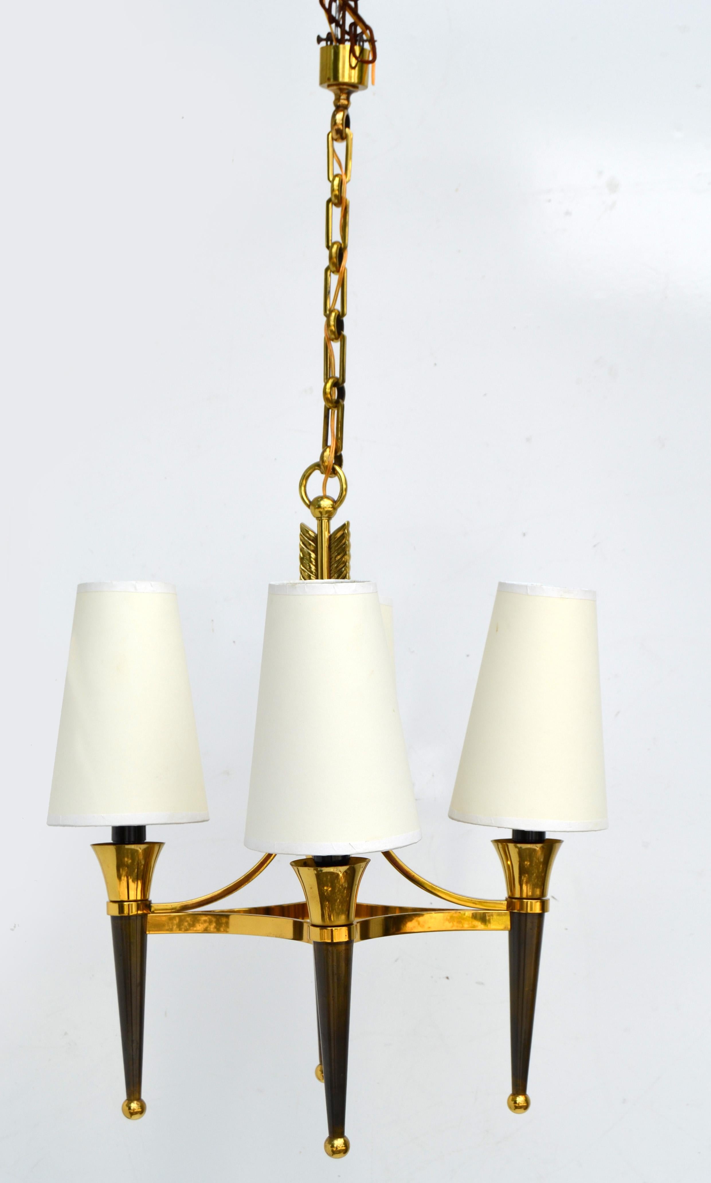 Mid-Century Modern Art Deco Andre Arbus Style Brass Bronze 4 Light Chandelier, 2 Available  For Sale