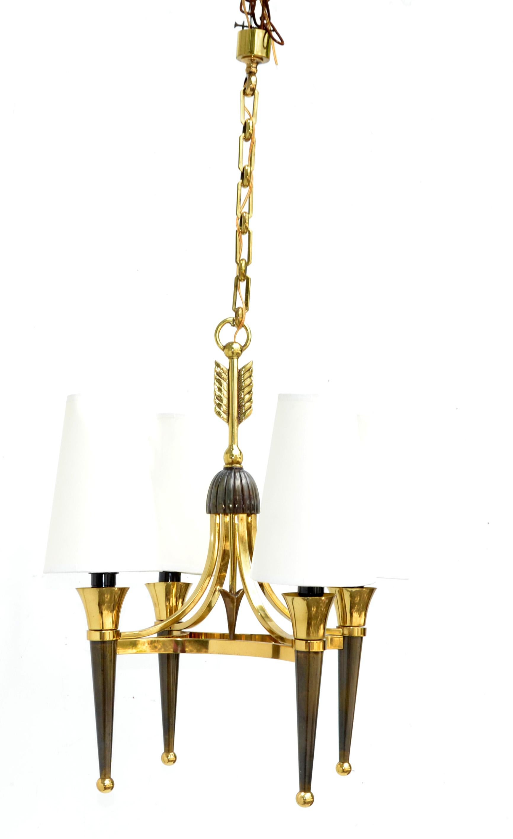 French Art Deco Andre Arbus Style Brass Bronze 4 Light Chandelier, 2 Available  For Sale