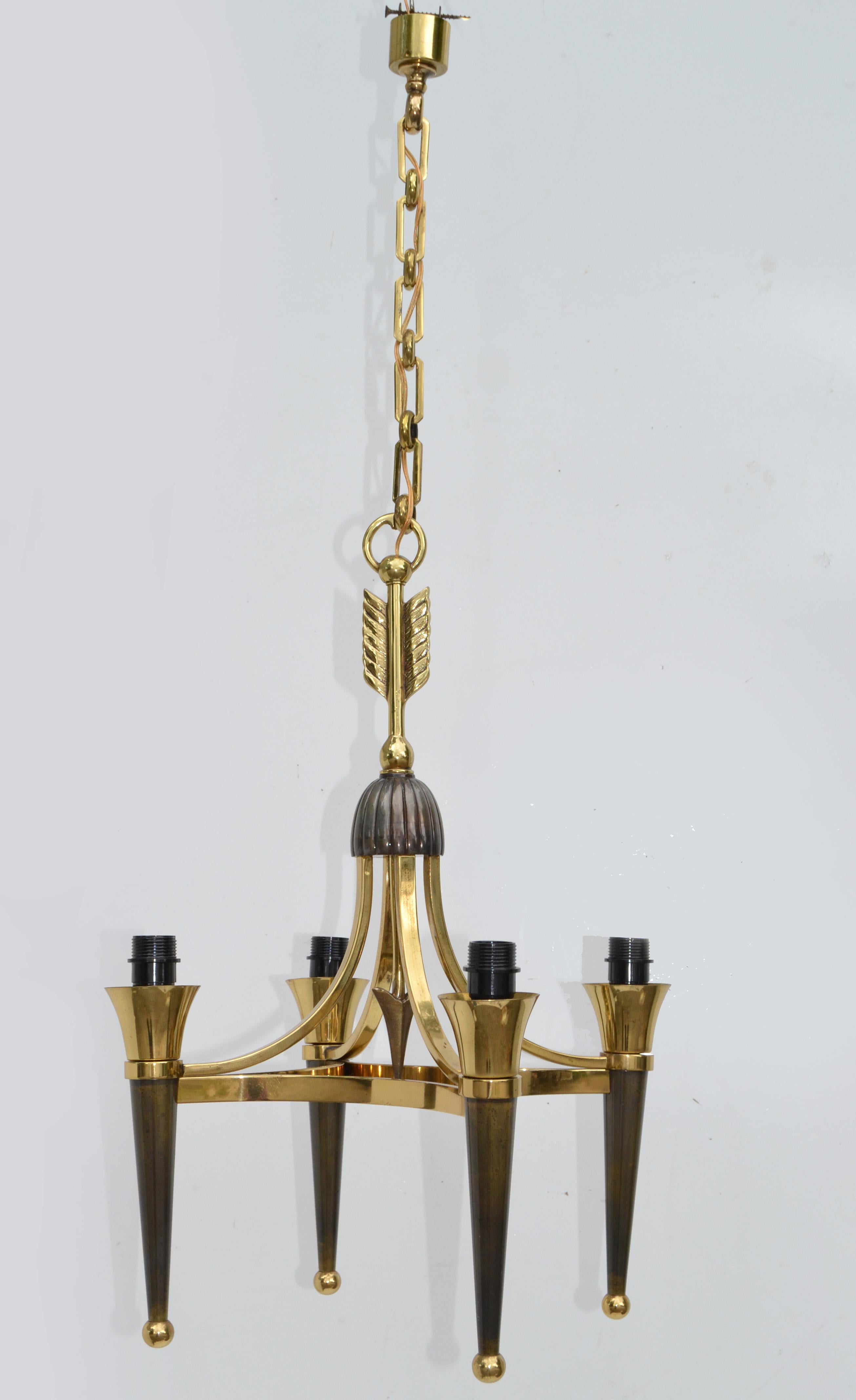 Polished Art Deco Andre Arbus Style Brass Bronze 4 Light Chandelier, 2 Available  For Sale