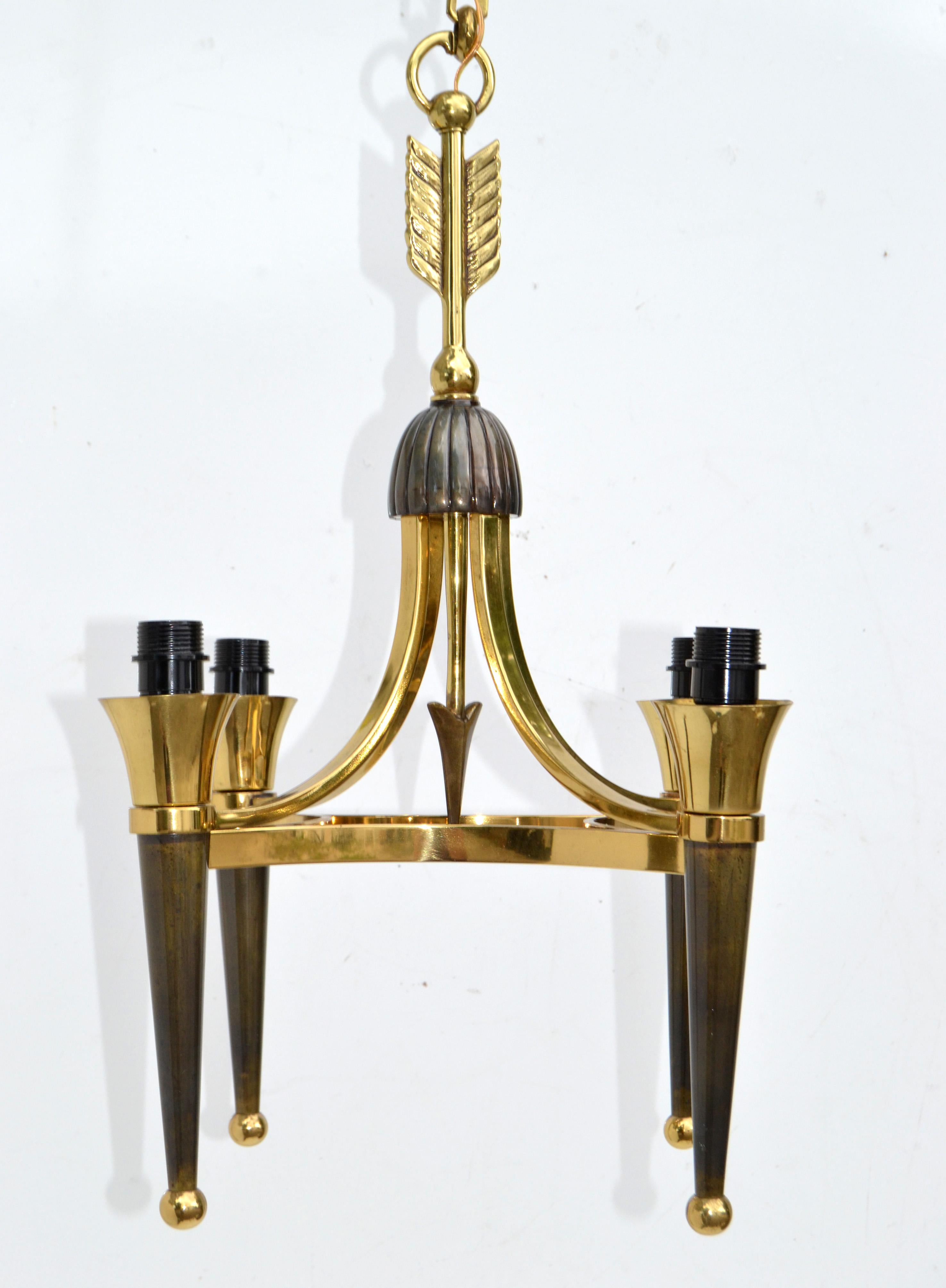 Art Deco Andre Arbus Style Brass Bronze 4 Light Chandelier, 2 Available  In Good Condition For Sale In Miami, FL