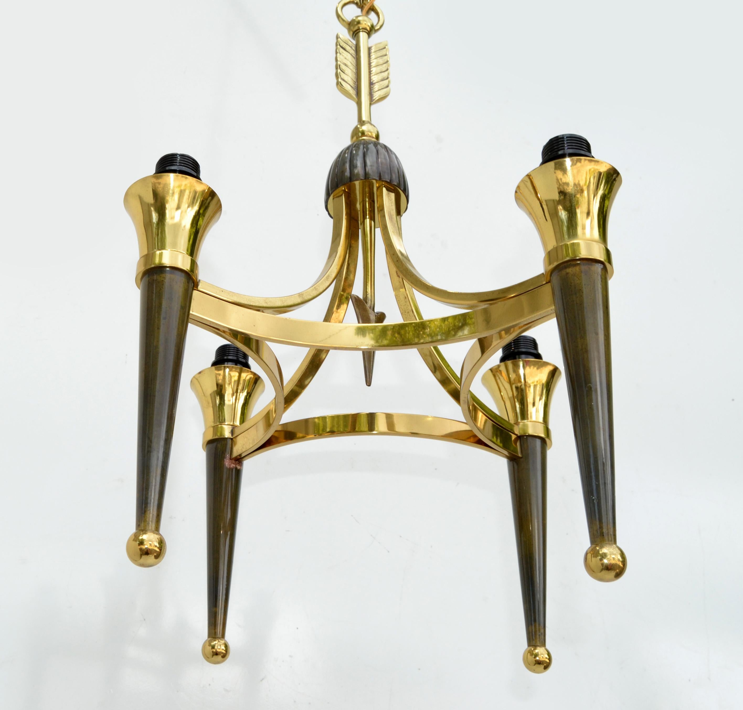 Mid-20th Century Art Deco Andre Arbus Style Brass Bronze 4 Light Chandelier, 2 Available  For Sale