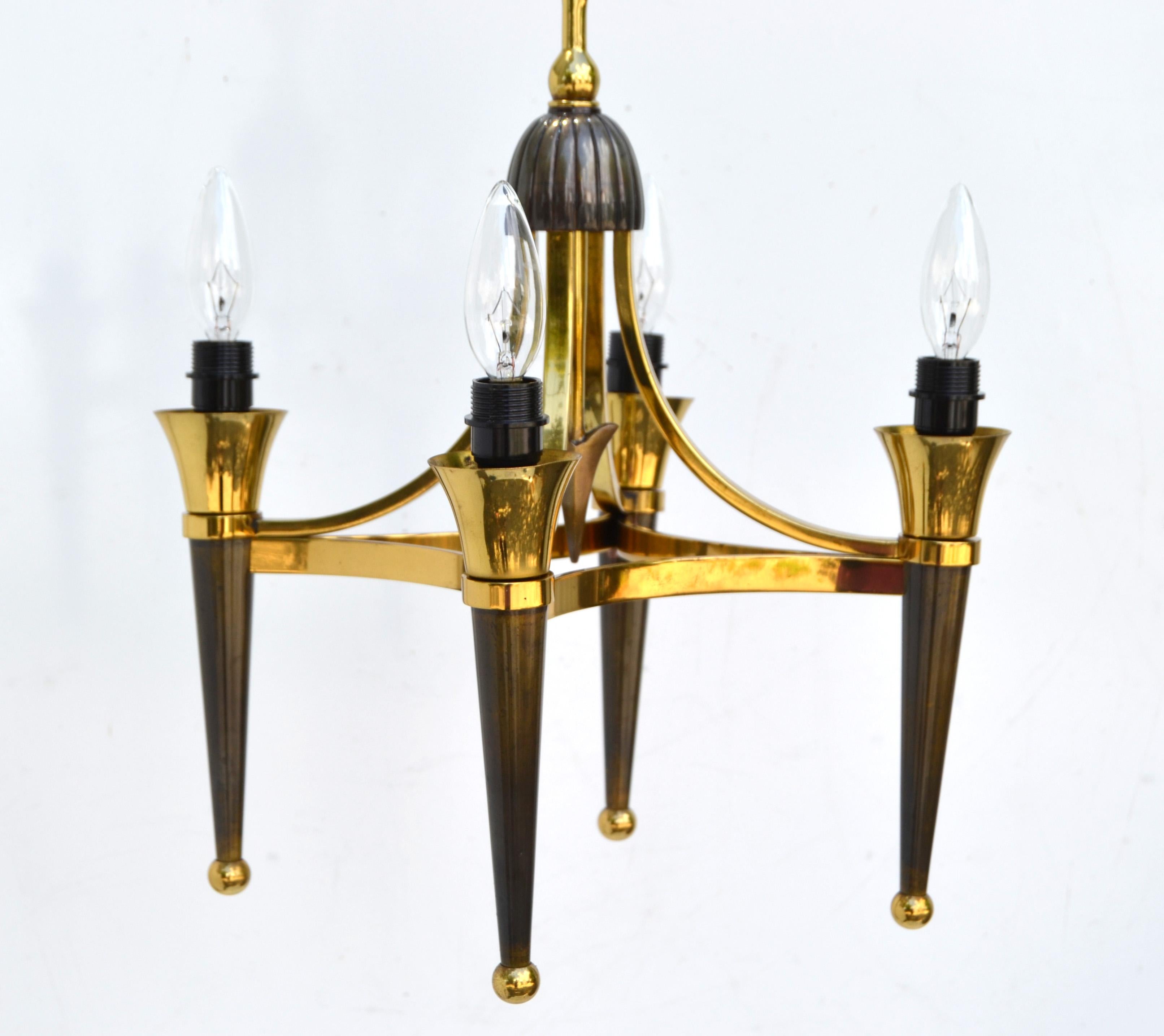 Art Deco Andre Arbus Style Brass Bronze 4 Light Chandelier, 2 Available  For Sale 1