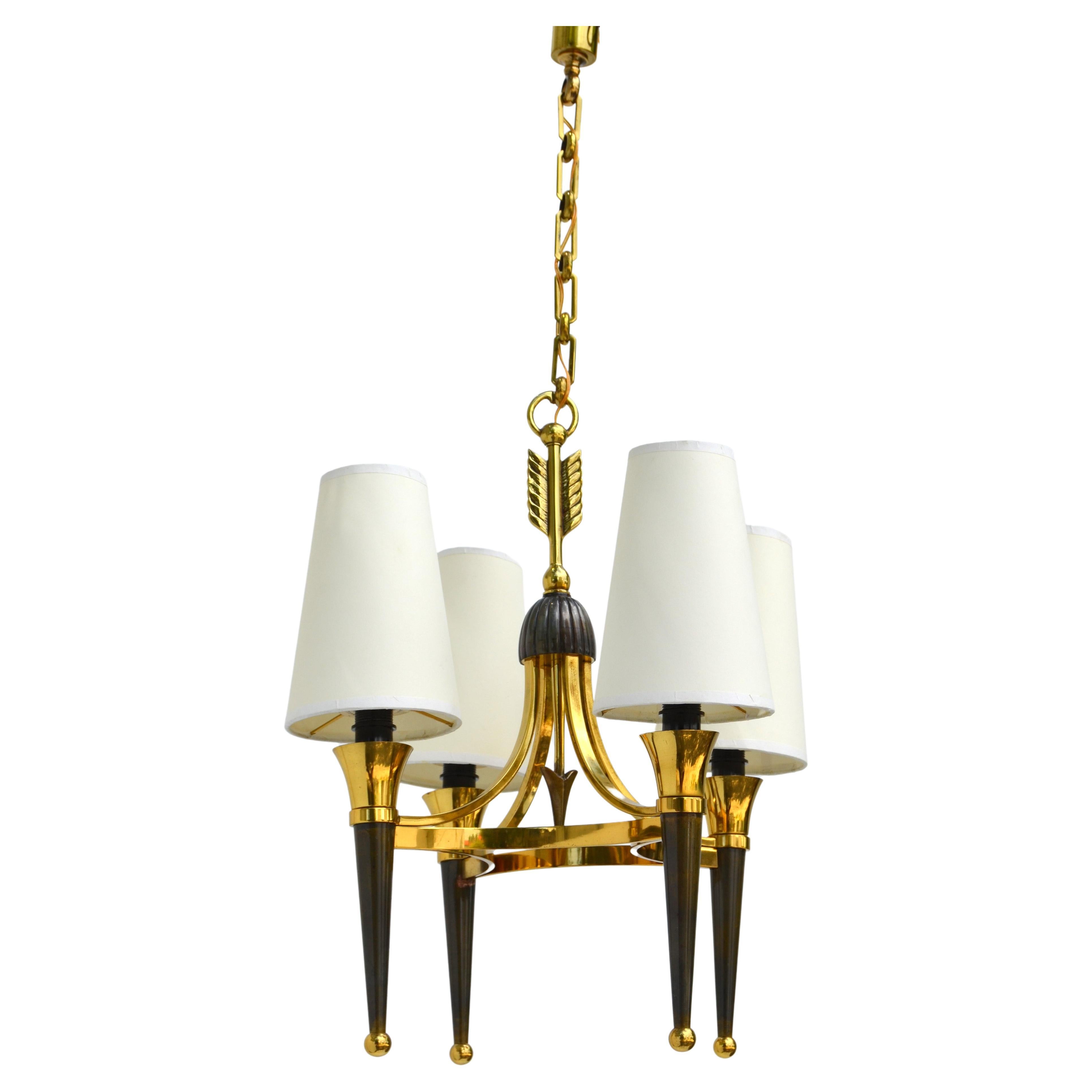 Art Deco Andre Arbus Style Brass Bronze 4 Light Chandelier, 2 Available 
