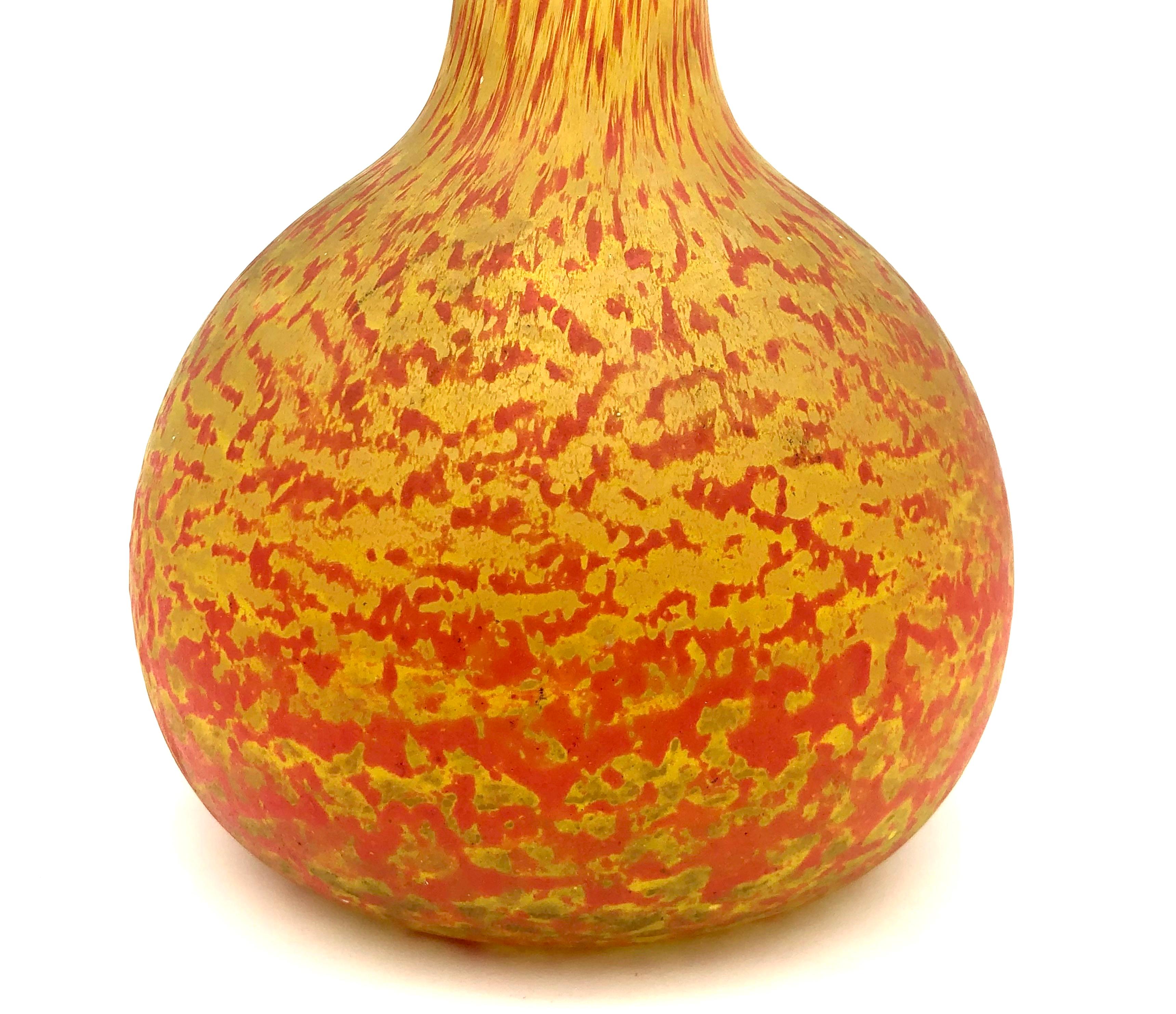 French Art Deco André Delatte Nancy Glass Vase 'Berluze' Shape Orange Yellow  For Sale