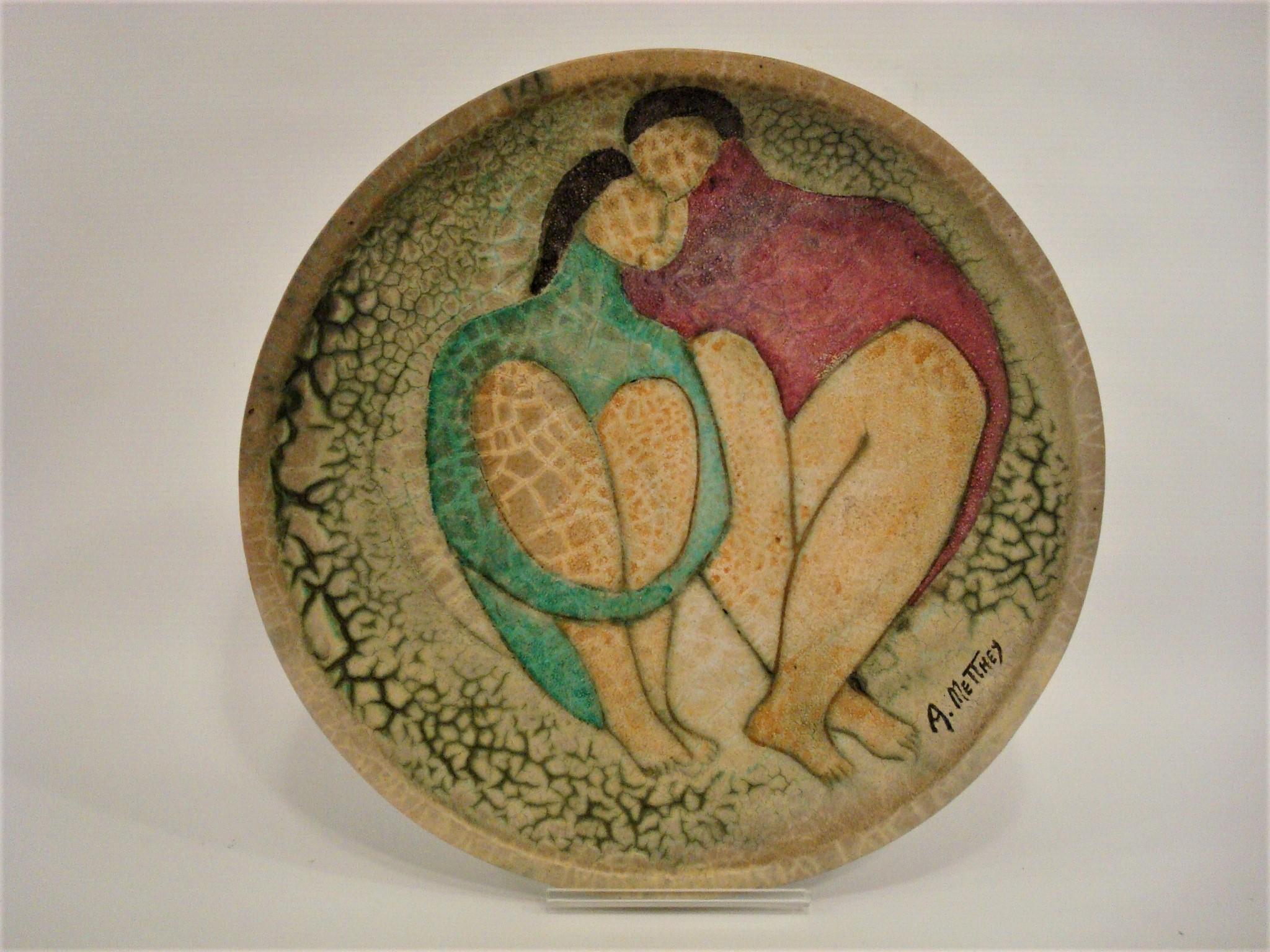 Fantastic Art Deco Wall Glazed Ceramic Plate. A couple in Love. Very Romantic, both legs together form a heart. Spectacula piece of a fantastic Artist.
André Metthey – or Méthey name under which he signed his first works – is a ceramist born June 4,
