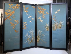 Art Deco Anglo-Japanese Four Panel Silk Embroidered Screen Room Divider C.1940