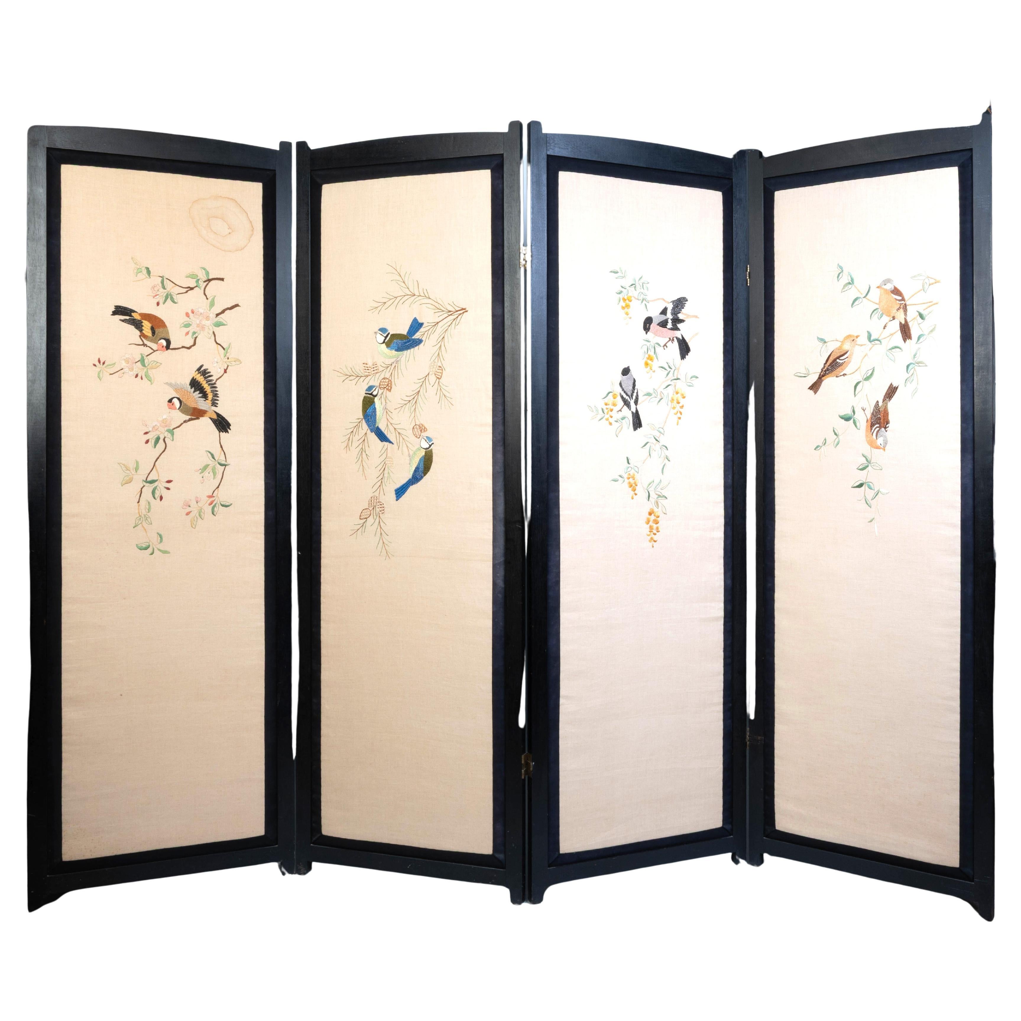 Art Deco Anglo-Japanese Four Panel Silk Embroidered Screen Room Divider C.1940 For Sale