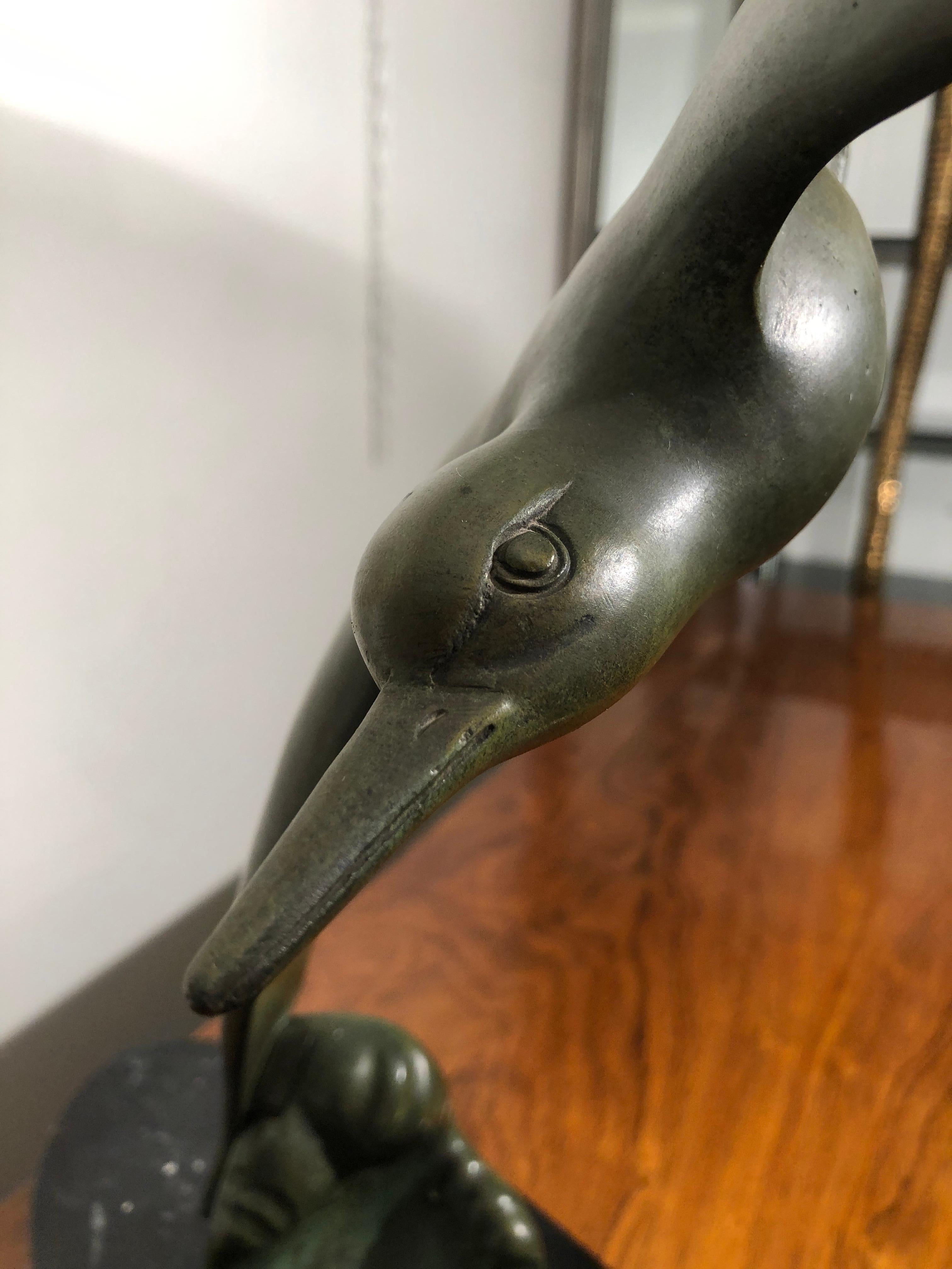 Art Deco Animal Bird Shaped Bronze Sculpture on Black Marble Base Signed Secondo 2