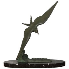 Art Deco Animal Bird Shaped Bronze Sculpture on Black Marble Base Signed Secondo