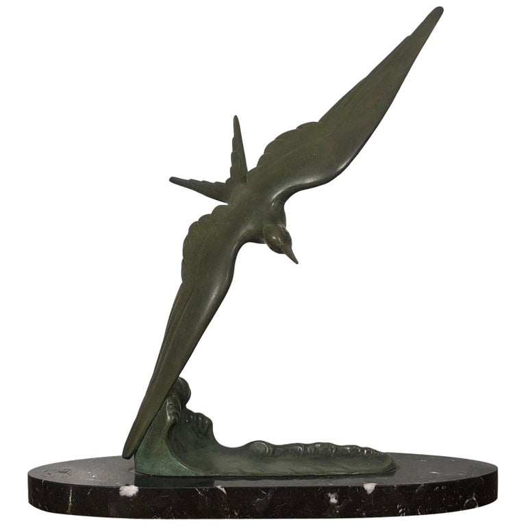 Art Deco Animal Bird Shaped Bronze Sculpture on Black Marble Base ...