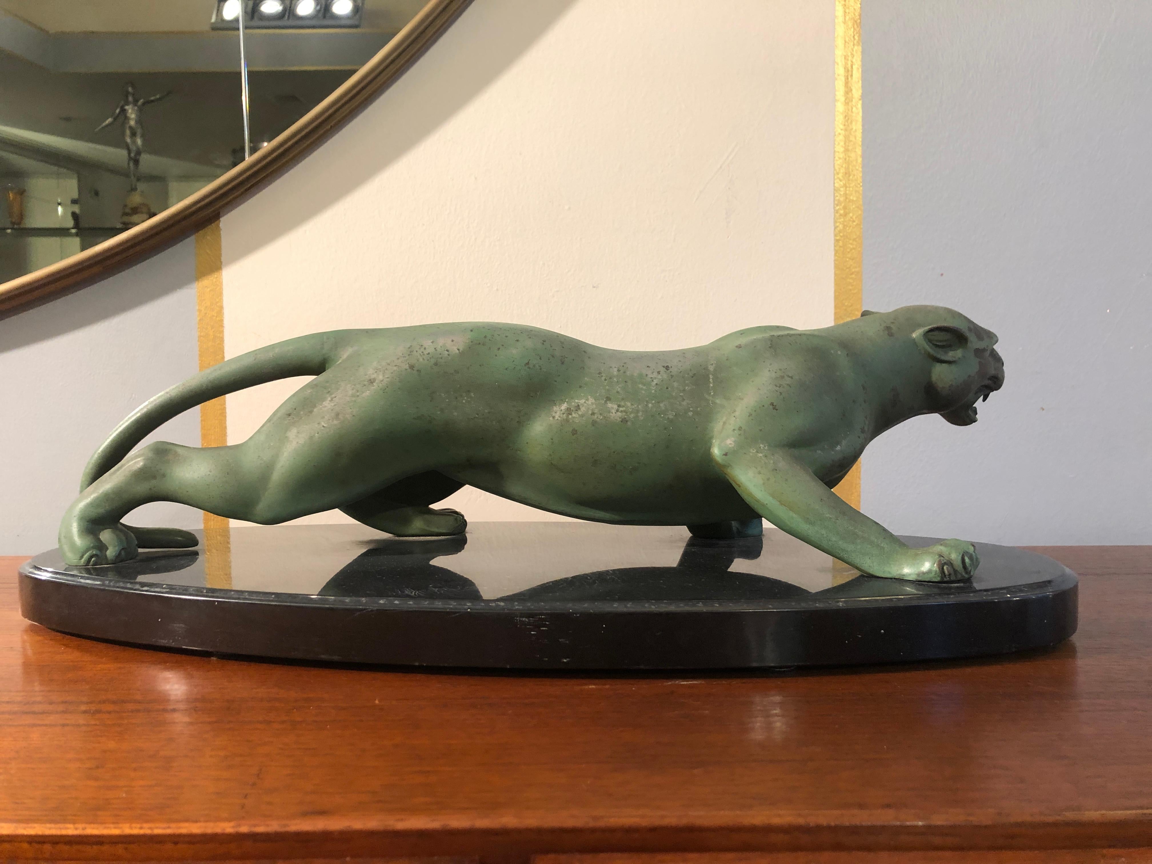 Art Deco Animal Bronze Sculpture Panther by Guy Debe on Black Oval Marble Base 7