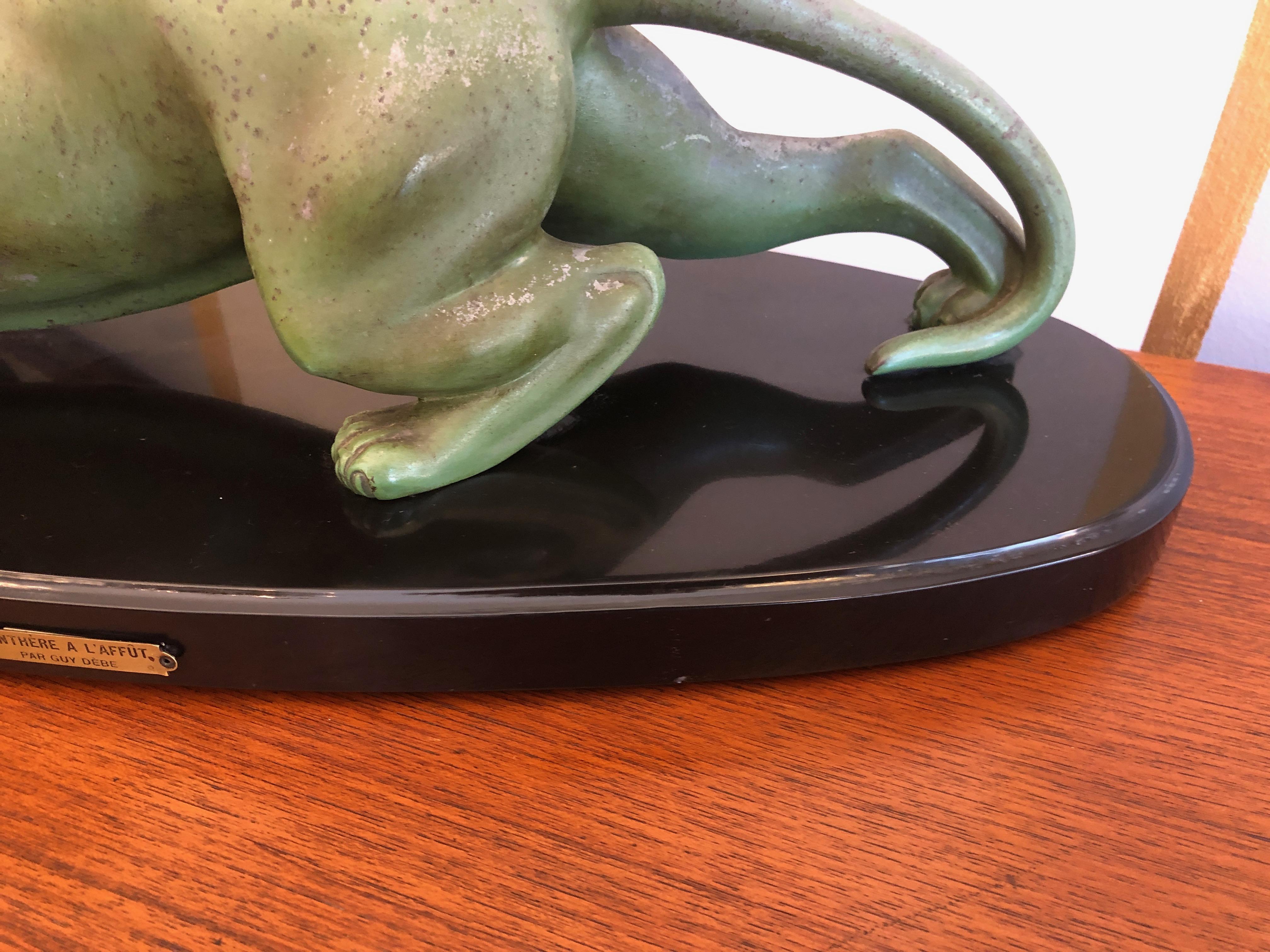 Art Deco Animal Bronze Sculpture Panther by Guy Debe on Black Oval Marble Base 11