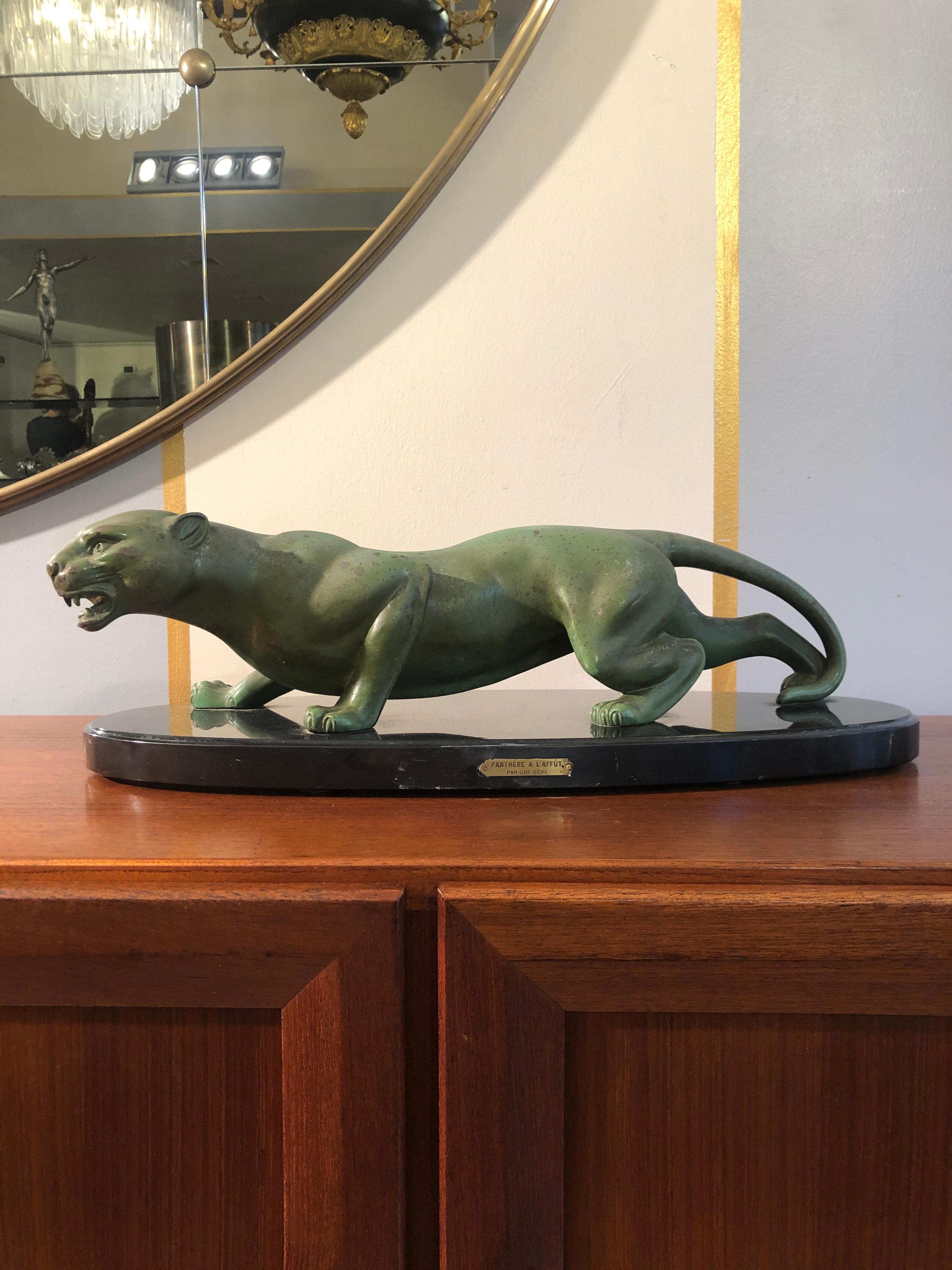 French Art Deco Animal Bronze Sculpture Panther by Guy Debe on Black Oval Marble Base