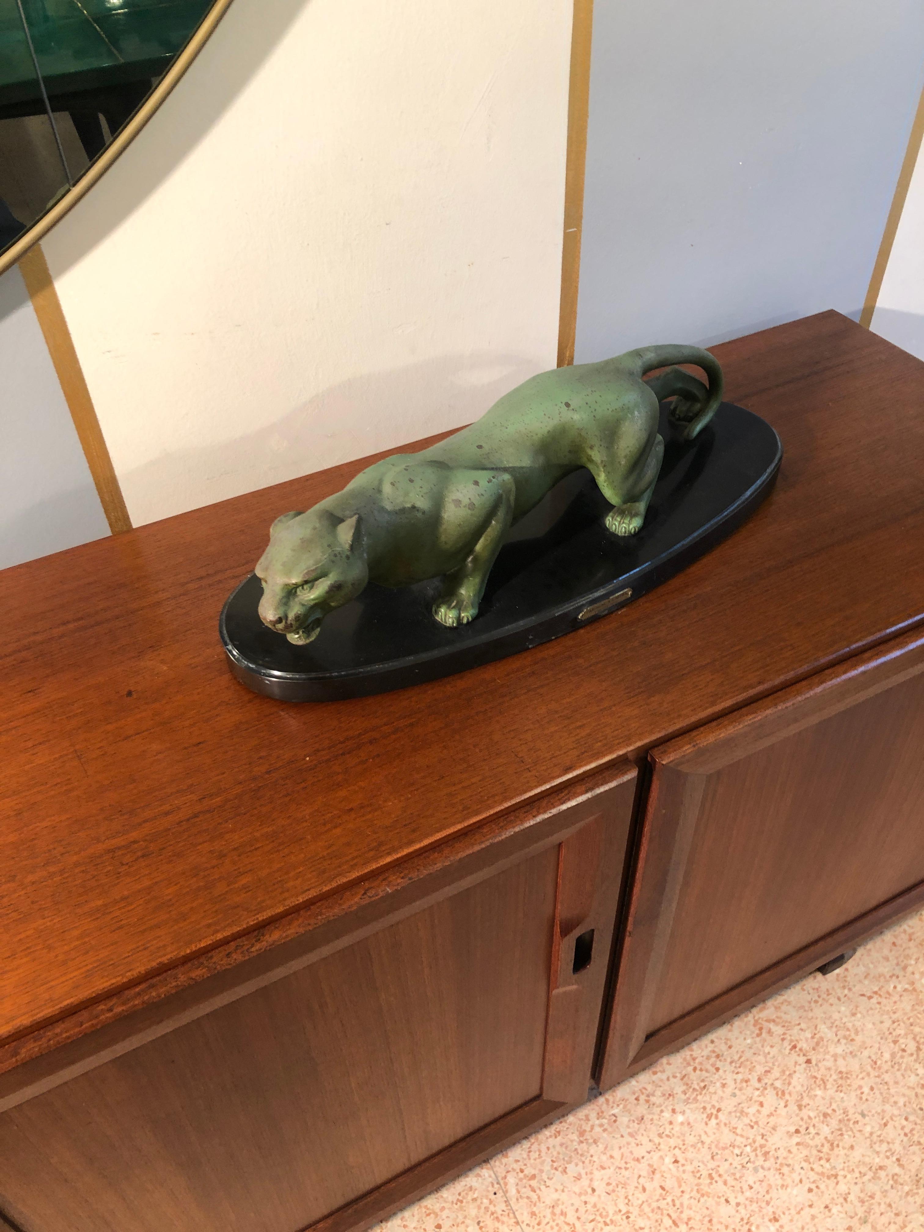 20th Century Art Deco Animal Bronze Sculpture Panther by Guy Debe on Black Oval Marble Base