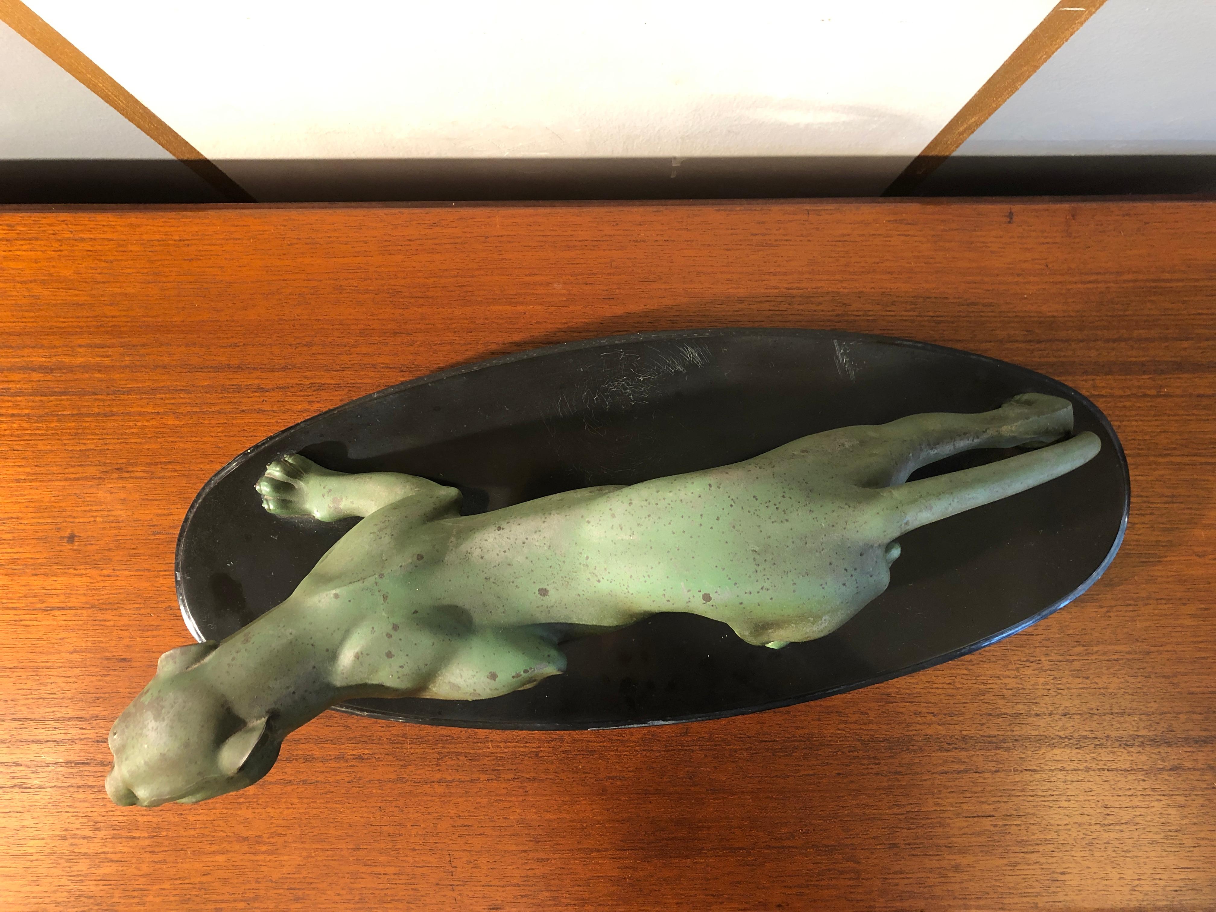 Art Deco Animal Bronze Sculpture Panther by Guy Debe on Black Oval Marble Base 1