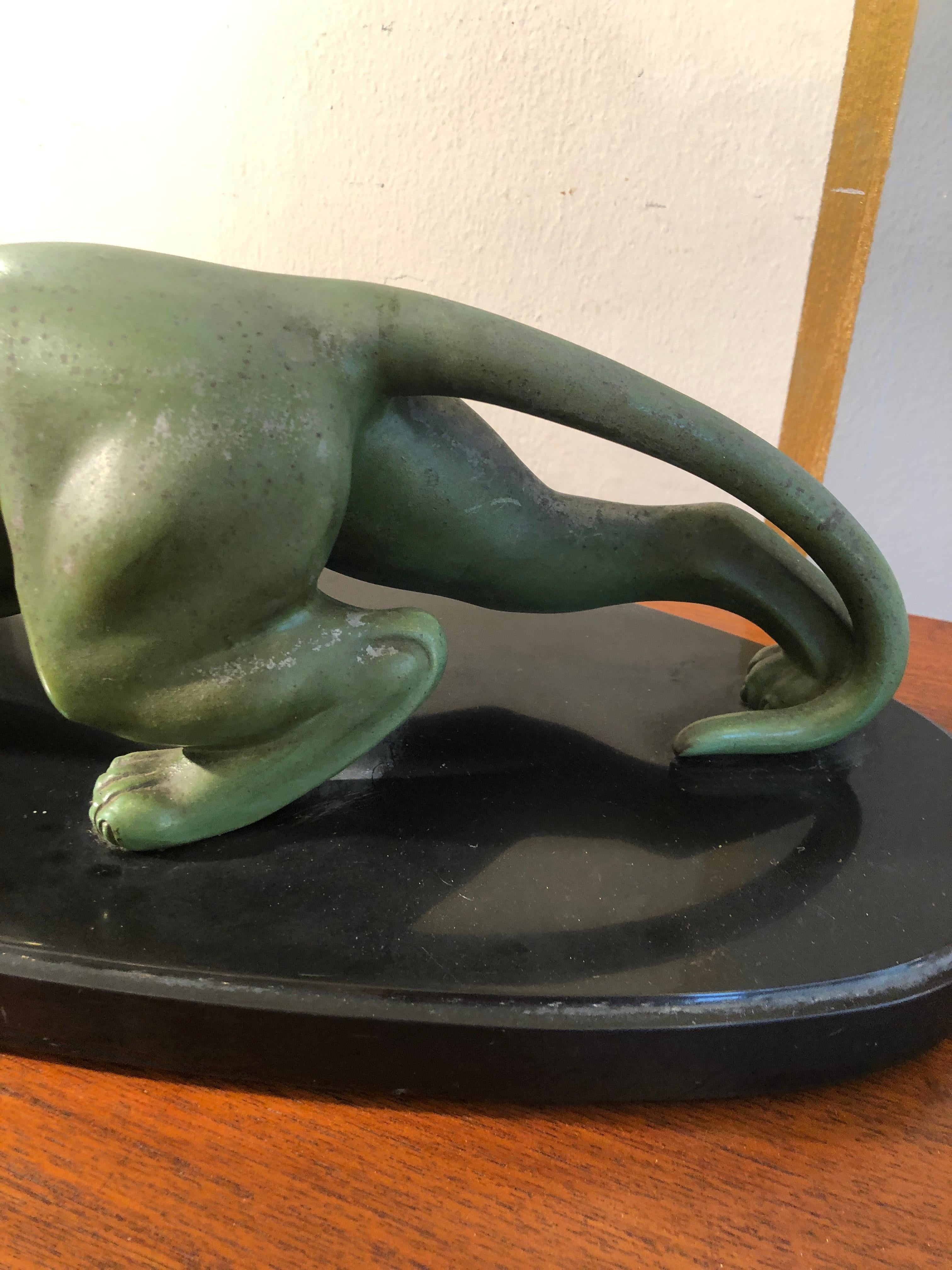 Art Deco Animal Bronze Sculpture Panther by Guy Debe on Black Oval Marble Base 2