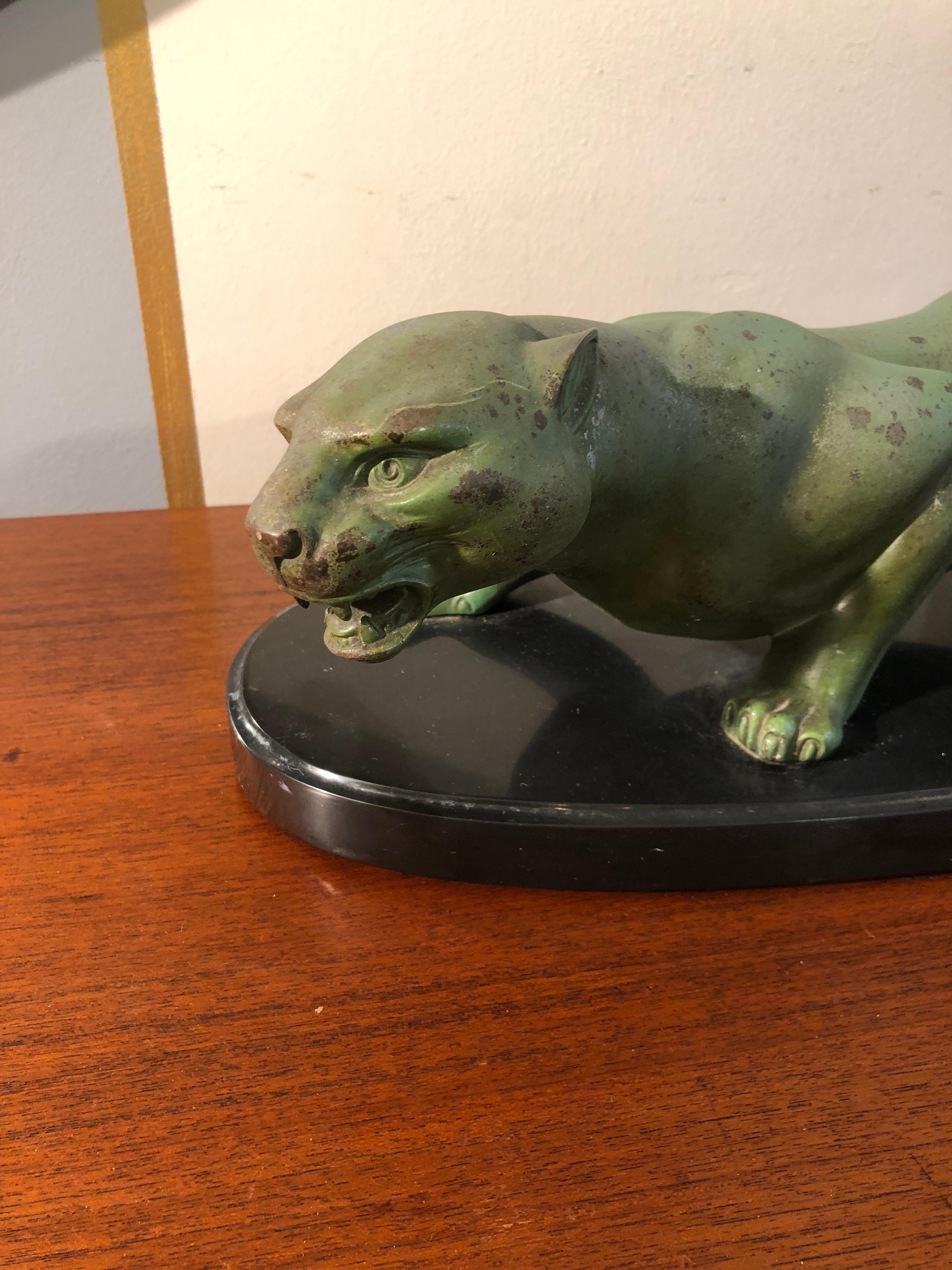 Art Deco Animal Bronze Sculpture Panther by Guy Debe on Black Oval Marble Base 3