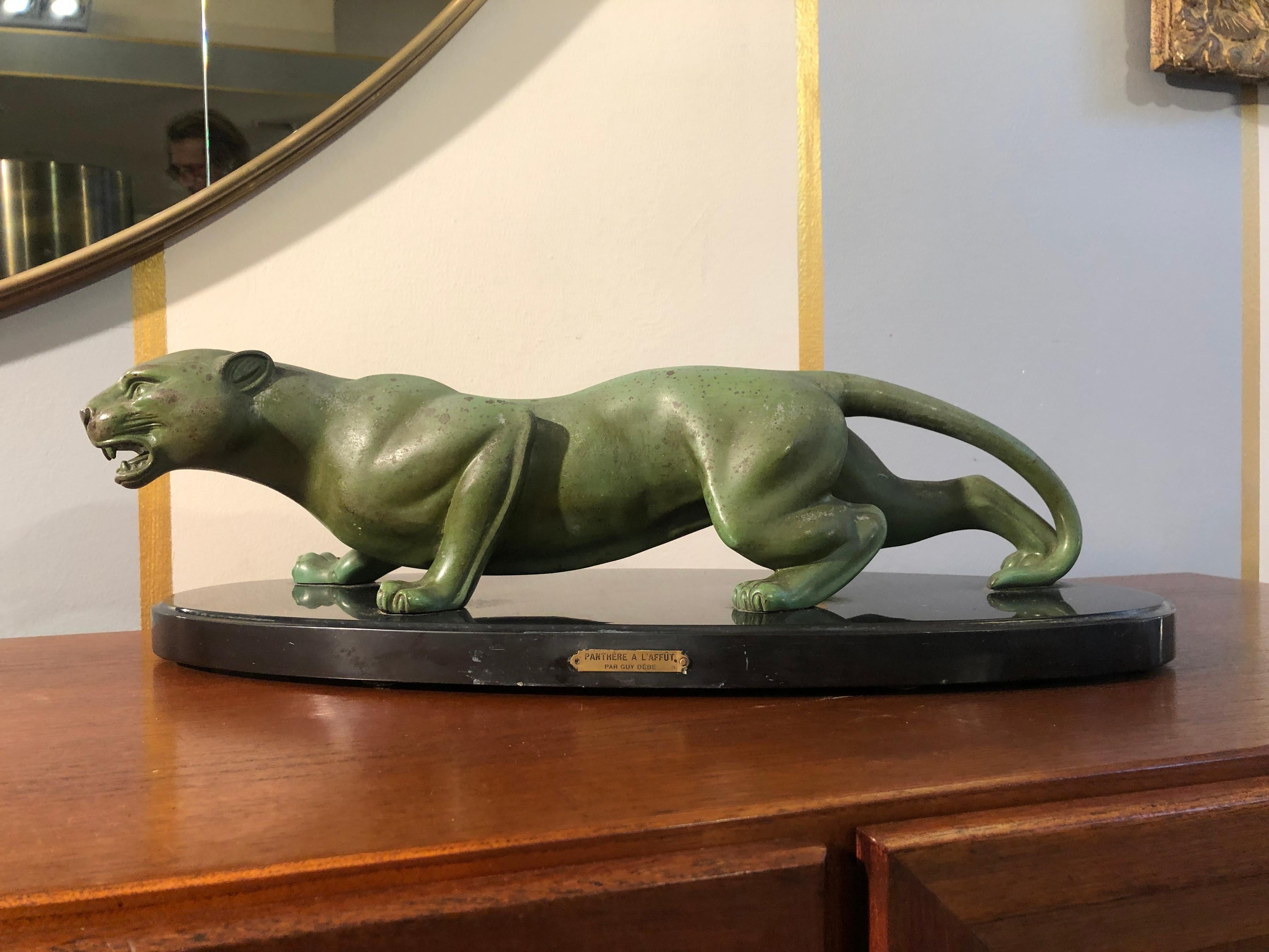 Art Deco Animal Bronze Sculpture Panther by Guy Debe on Black Oval Marble Base 4