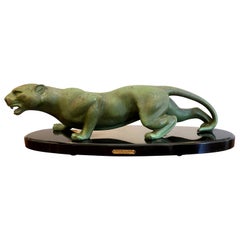 Art Deco Animal Bronze Sculpture Panther by Guy Debe on Black Oval Marble Base