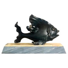 Antique Art Deco Animal Fish Carp Bronze and Marble Base Sculpture, 1930s, France