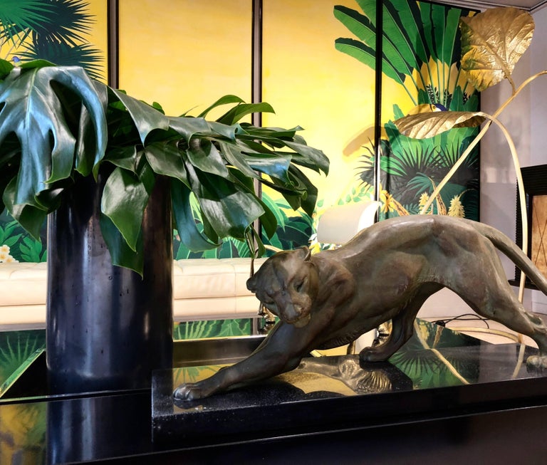 Art Deco Animal Panther on Black Marble Base Sculpture, France, 1930