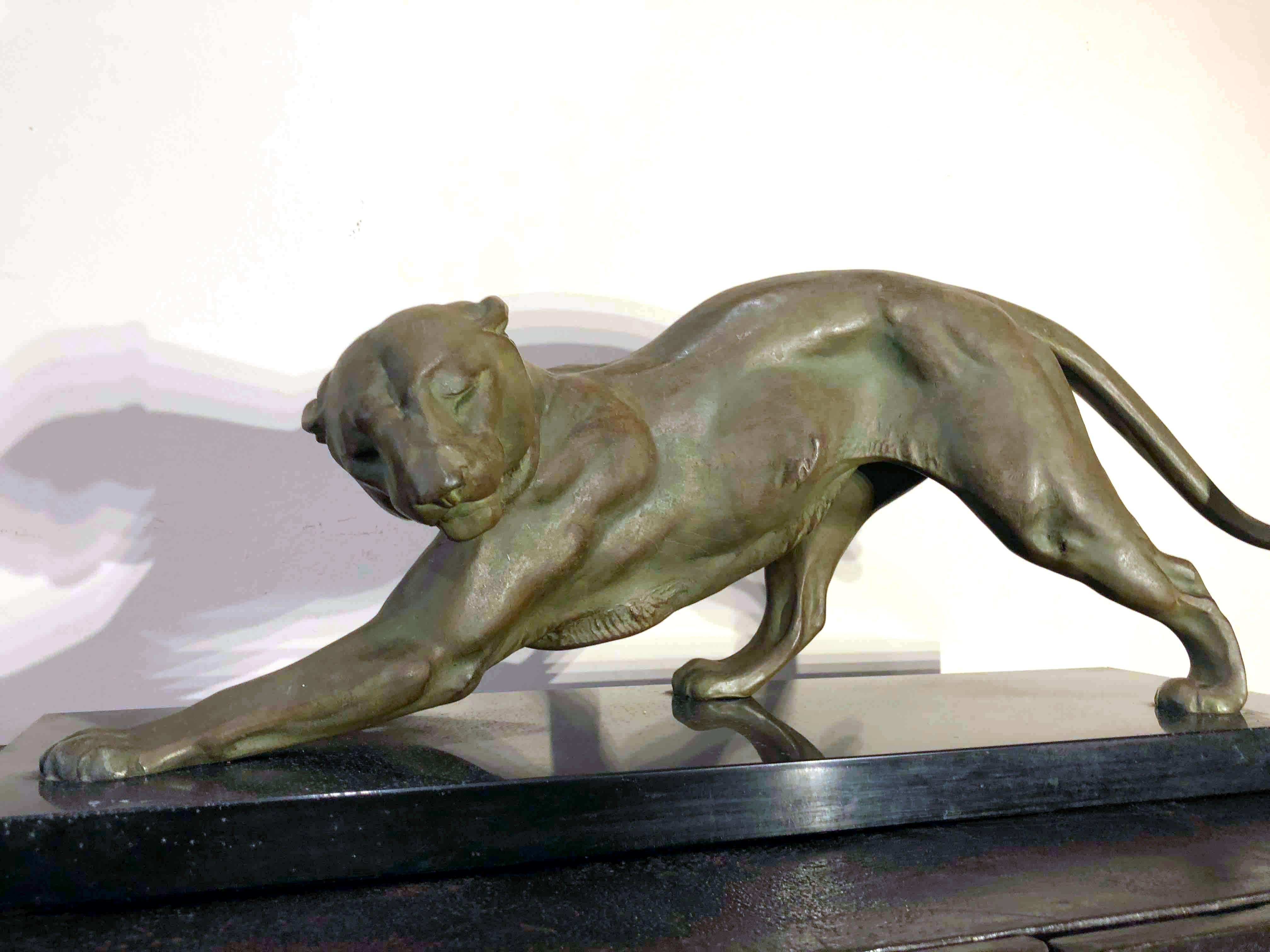 French Art Deco Animal Panther on Black Marble Base Sculpture, France, 1930