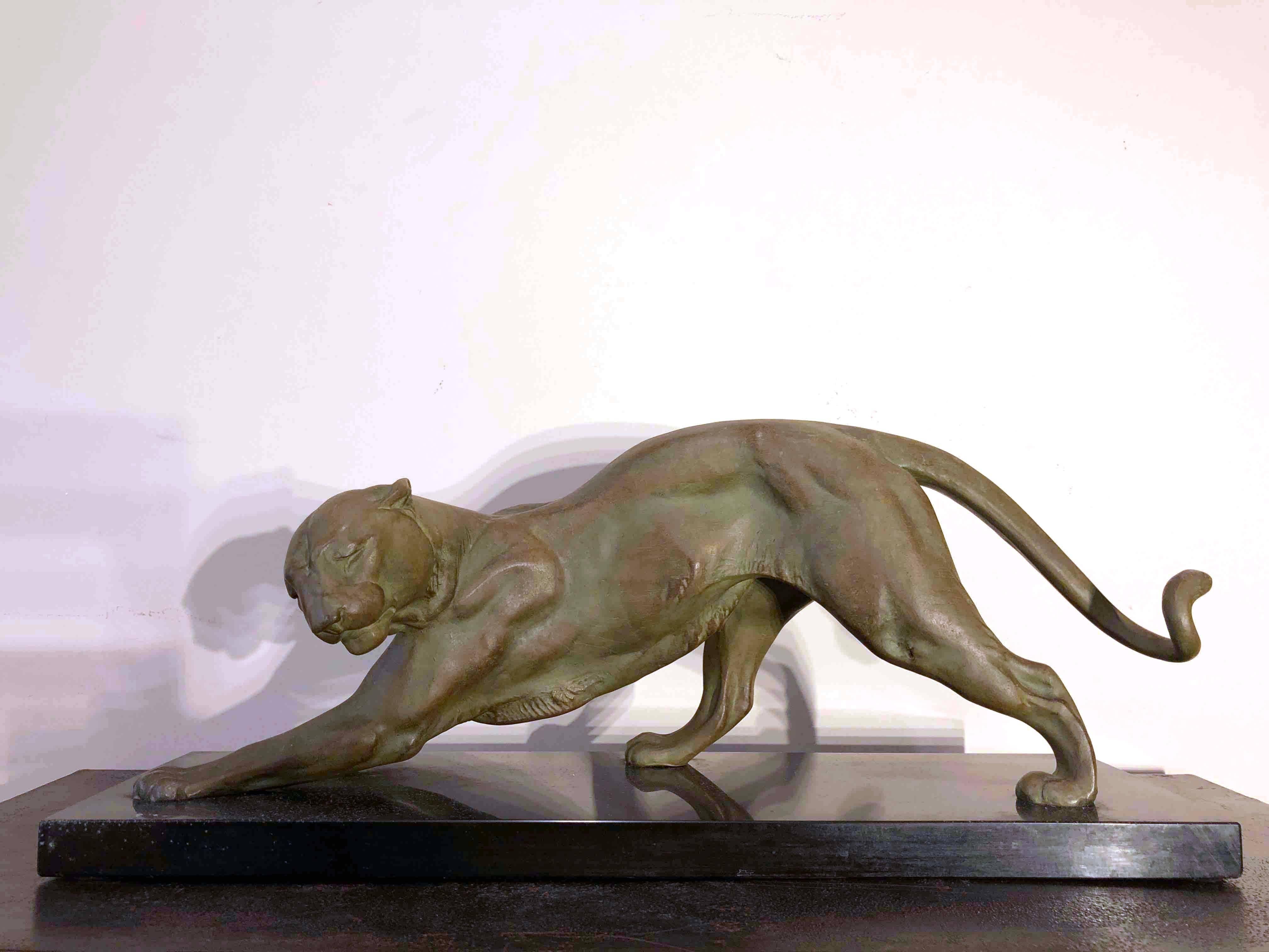 Art Deco Animal Panther on Black Marble Base Sculpture, France, 1930 1
