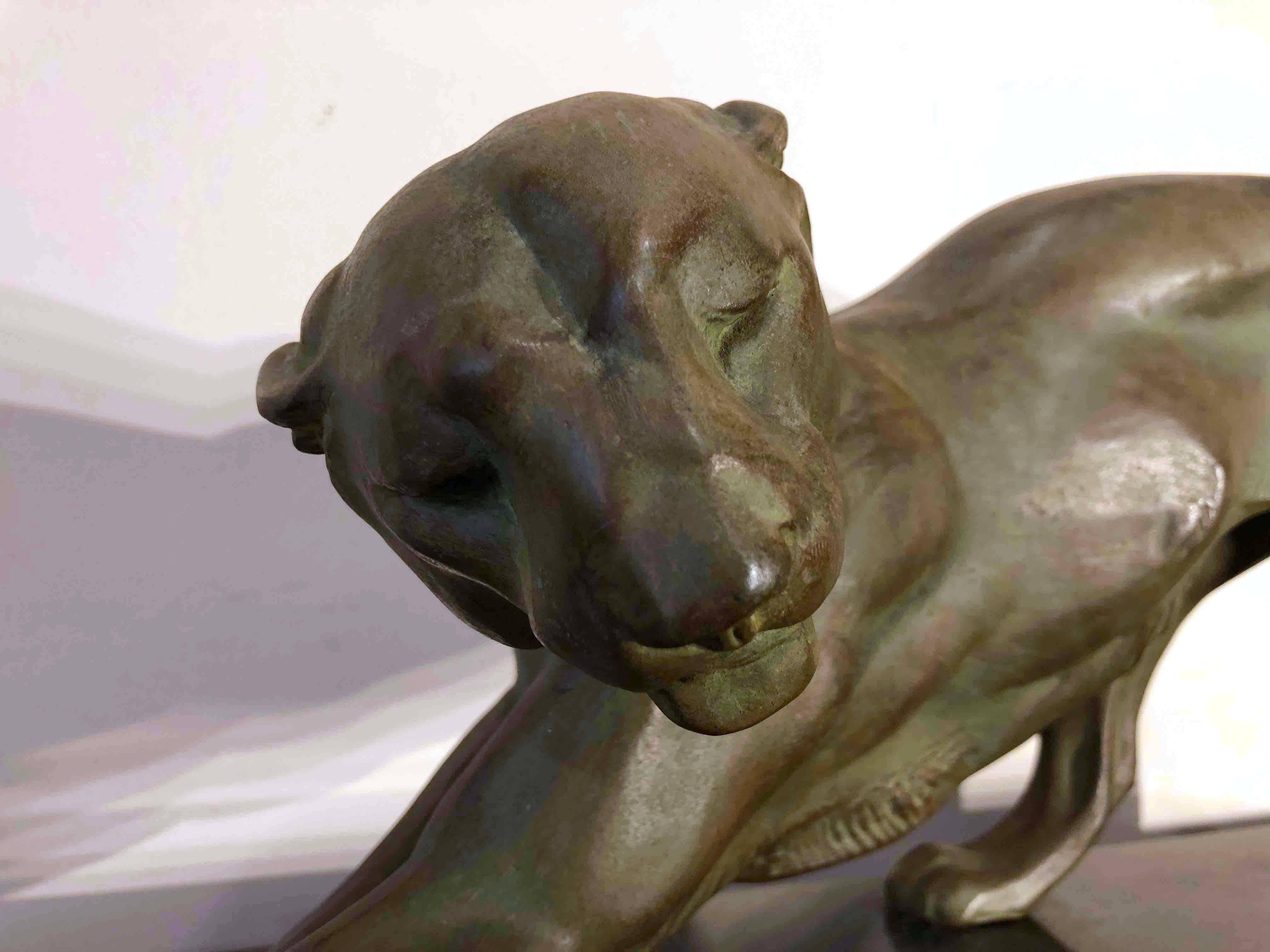 Art Deco Animal Panther on Black Marble Base Sculpture, France, 1930 3
