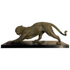 Art Deco Animal Panther on Black Marble Base Sculpture, France, 1930