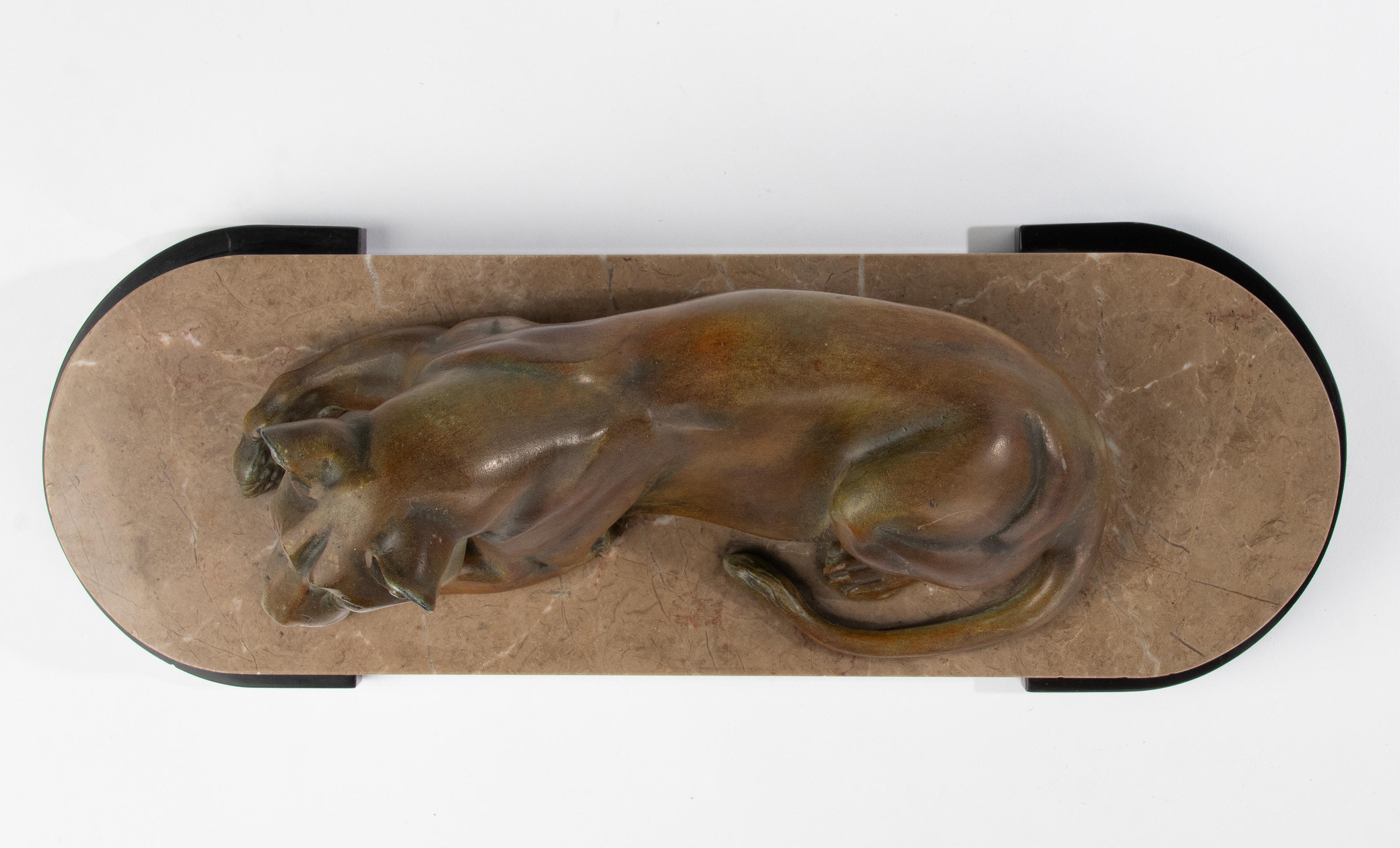 Art Deco Animal Sculpture of a Lioness Made of Spelter and Marble 8