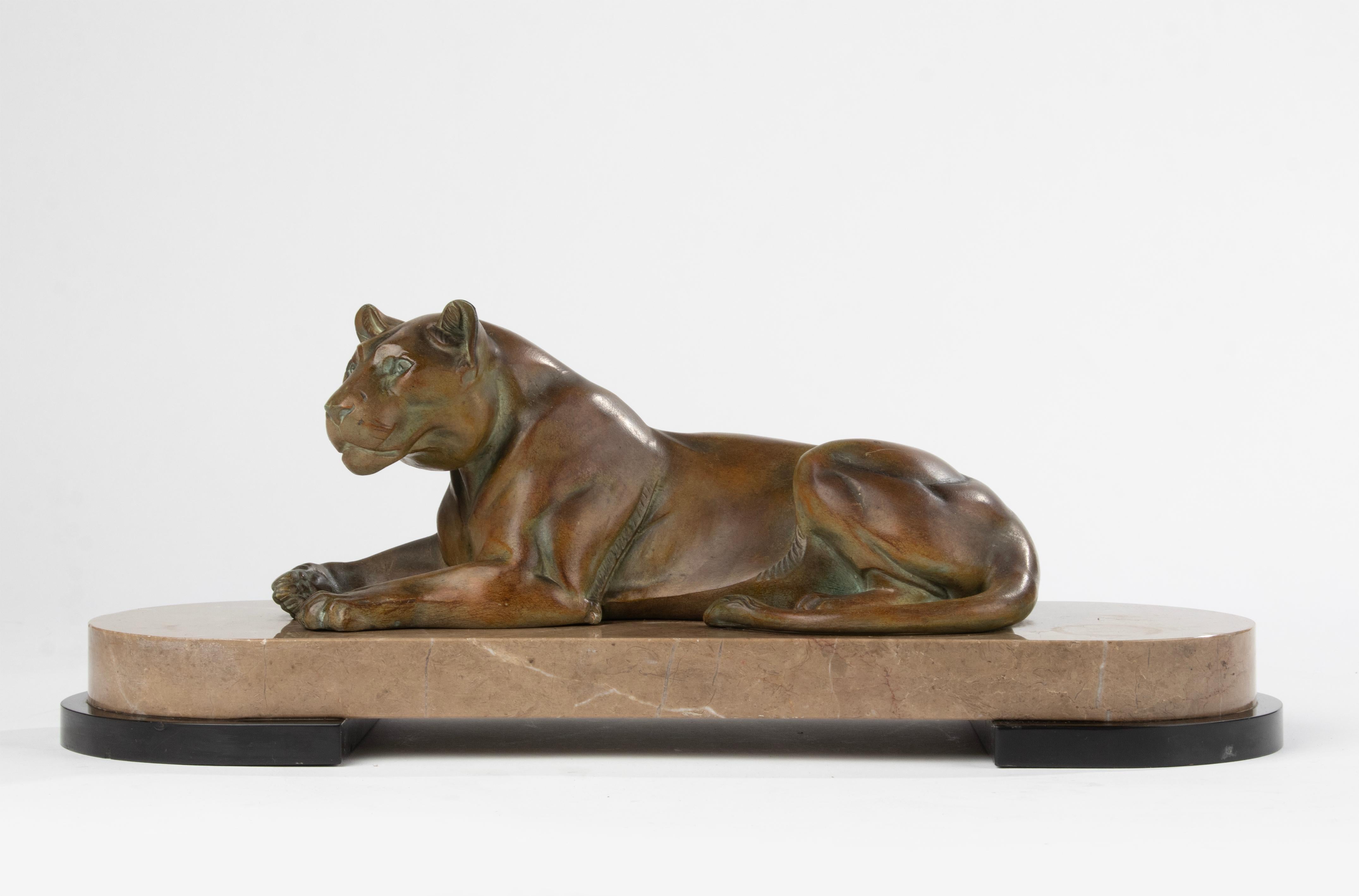 French Art Deco Animal Sculpture of a Lioness Made of Spelter and Marble