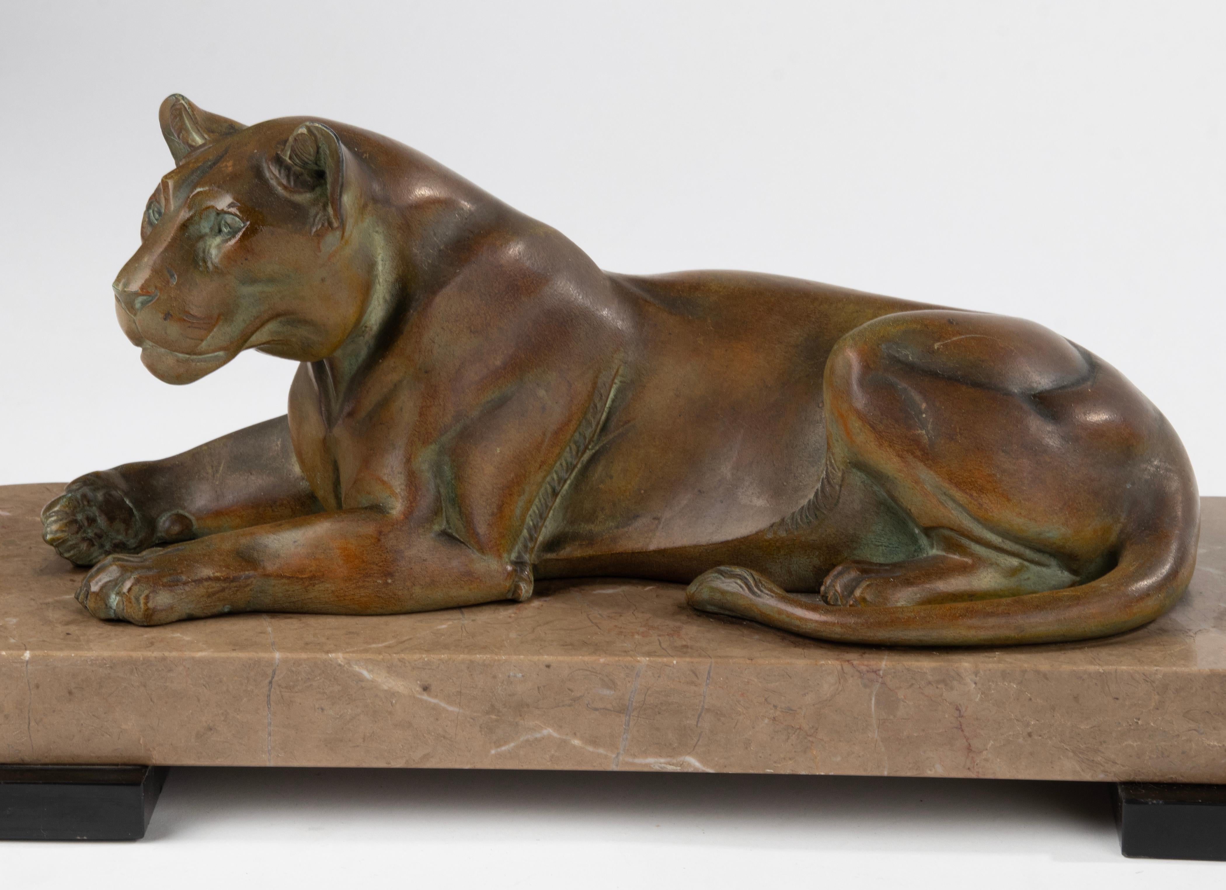 Hand-Crafted Art Deco Animal Sculpture of a Lioness Made of Spelter and Marble