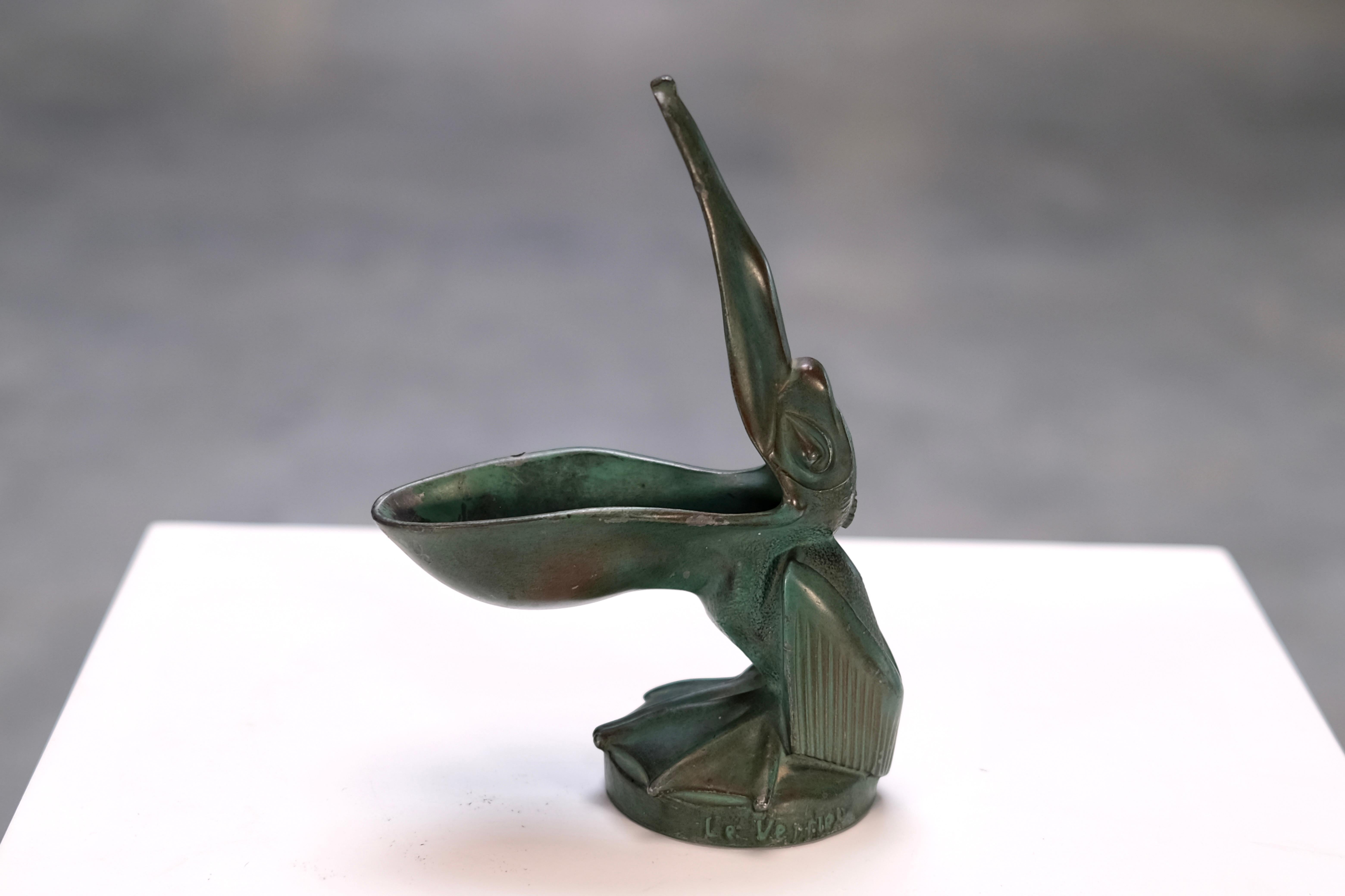 Patinated Art Deco Animal Sculpture, Pelican Ring Dish by Max Le Verrier, France, 1930s For Sale
