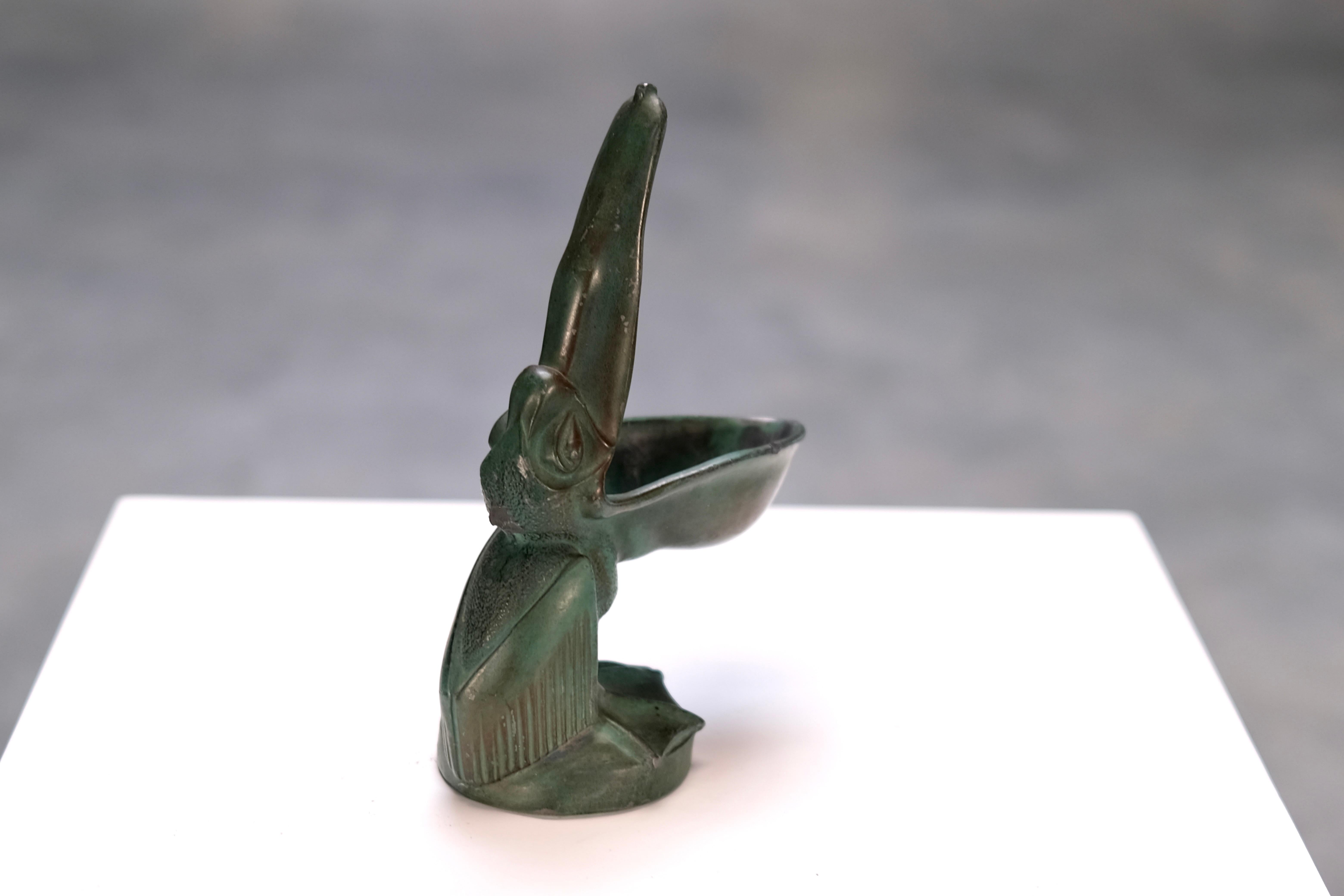 Spelter Art Deco Animal Sculpture, Pelican Ring Dish by Max Le Verrier, France, 1930s For Sale