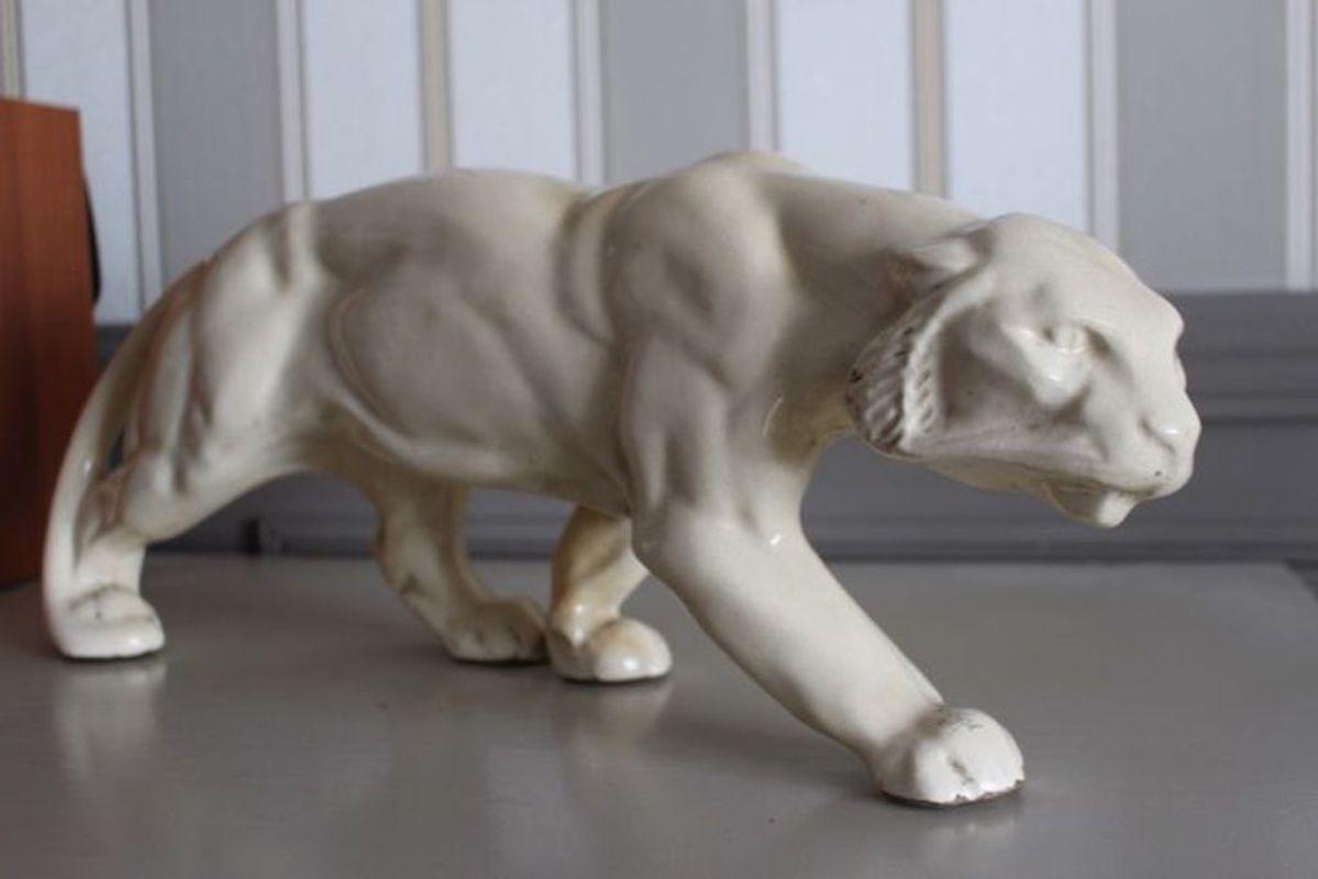 Art Deco Animalier Cream crackled Ceramic Panther Sculpture   6