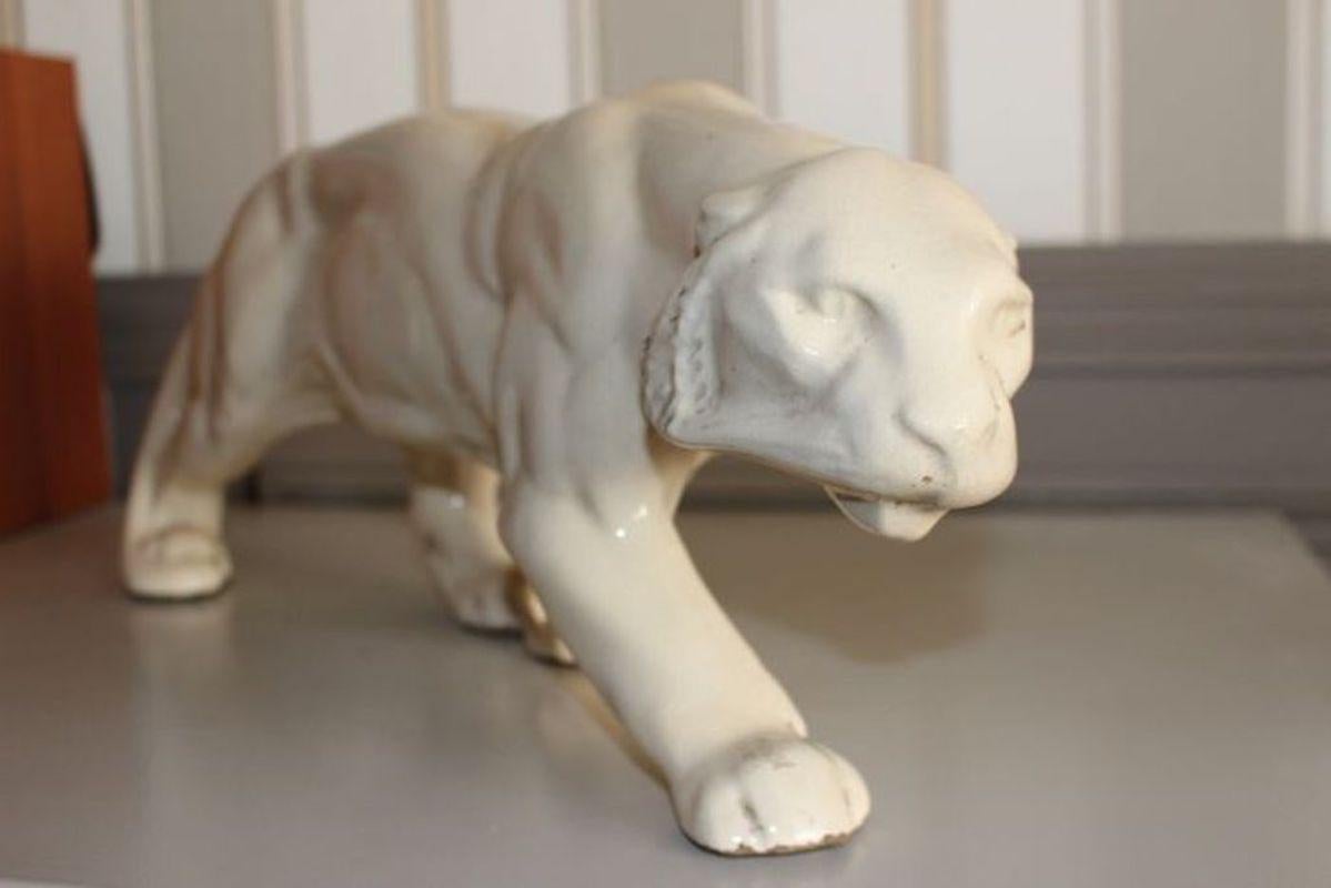 Art Deco Animalier Cream crackled Ceramic Panther Sculpture   8